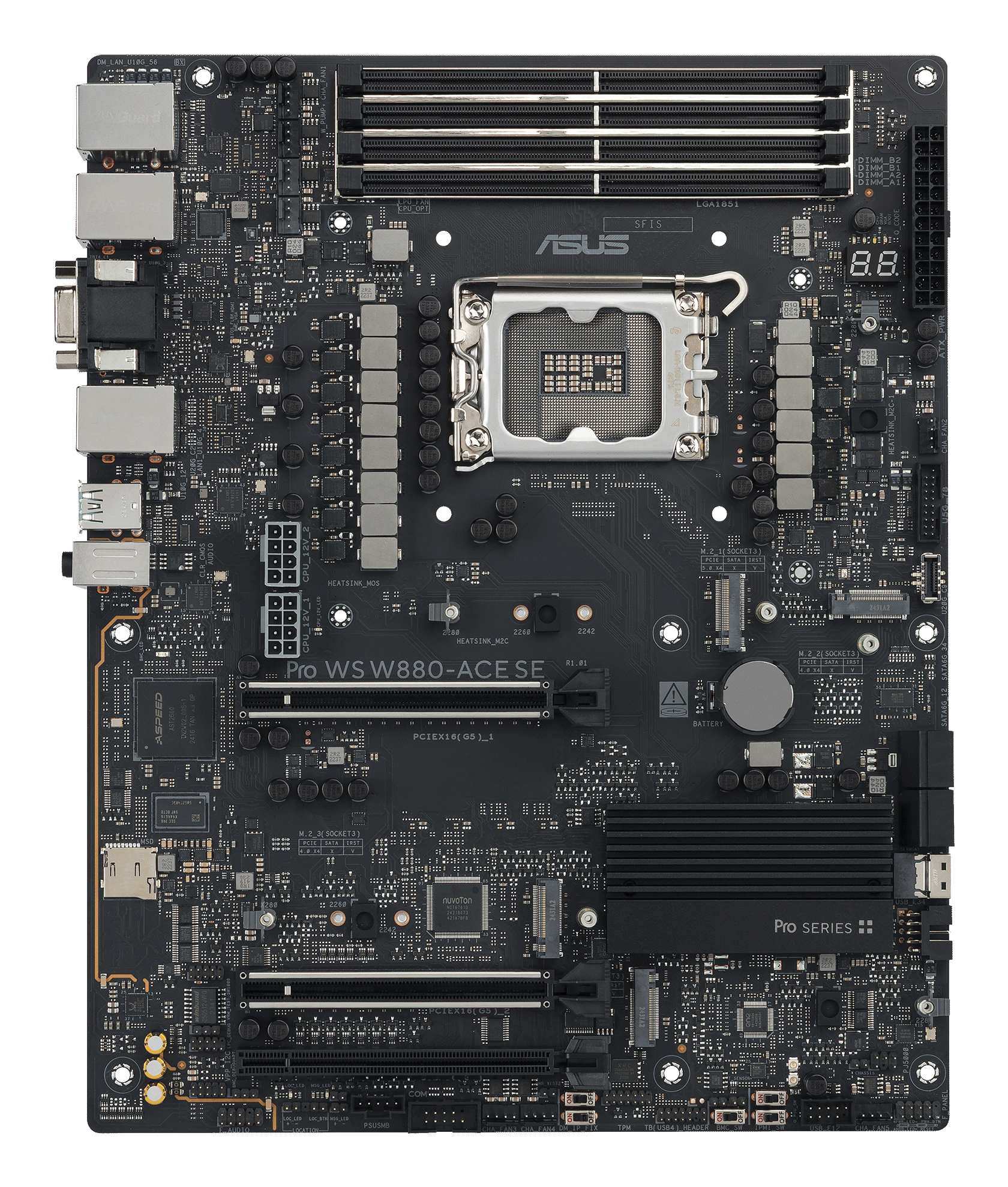 ASUS Pro WS W880-ACE SE - Motherboard - ATX - LGA1851 Sockel - W880 Chipsatz - USB4, USB 3.2 Gen 2x2, USB 3.2 Gen 2, USB 3.2 Gen 1 - 2 x 2.5 Gigabit LAN, Gigabit LAN - Onboard-Grafik - HD Audio (8-Kanal)