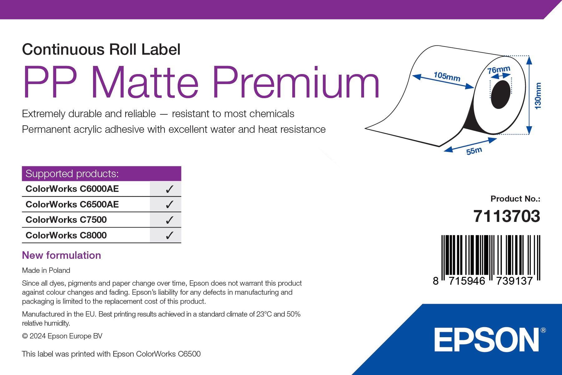 Epson Premium - Polypropylen (PP) - matt - permanenter Acrylklebstoff - Rolle (10,5 cm x 55 m)