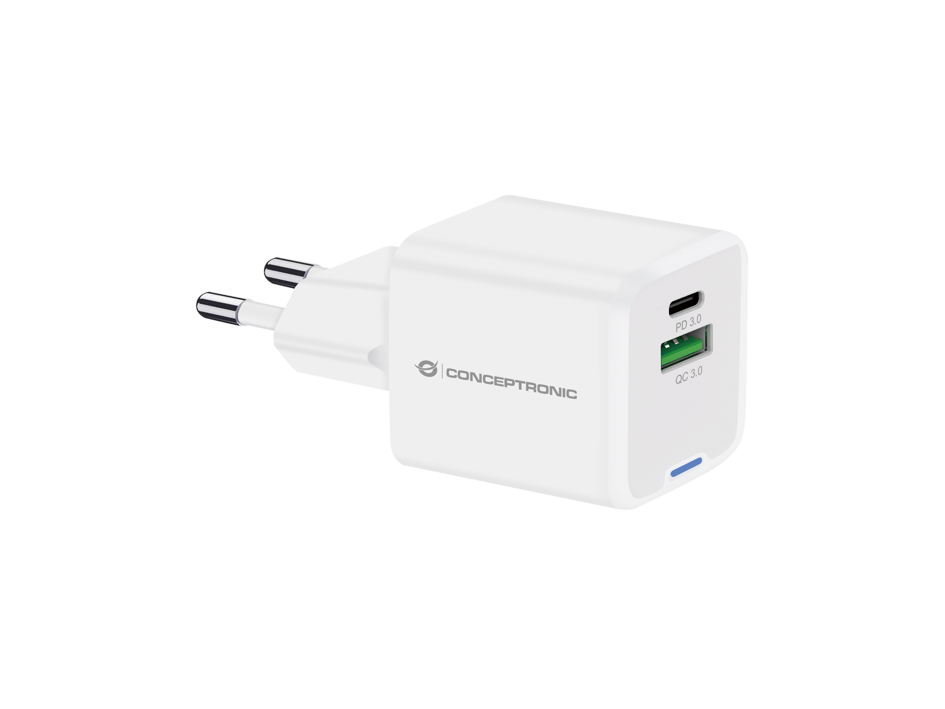 Conceptronic 2-Port 20W GaN USB-PD-Ladegerät, USB-C x 1, USB-A x 1, QC 3.0, PPS, Drinnen, AC, 12 V, Weiß