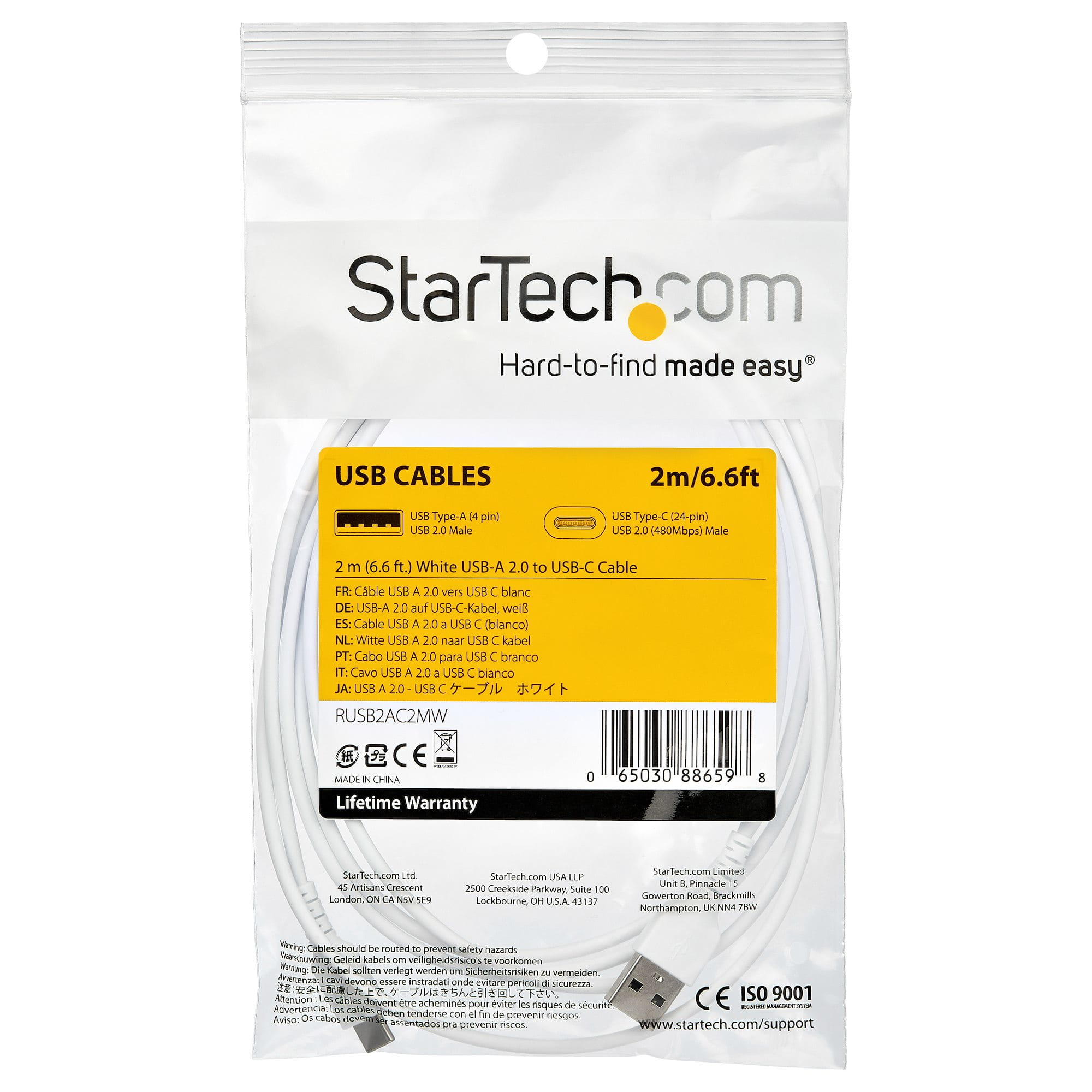 StarTech.com 2m USB-A auf USB-C Ladekabel - Dauerhaftes USB 2.0 auf USB Typ-C Datenübertragungs- und Schnellladekabel - Robuster TPE-Mantel Aramidfaser, M/M, 3A - Weiß (RUSB2AC2MW)