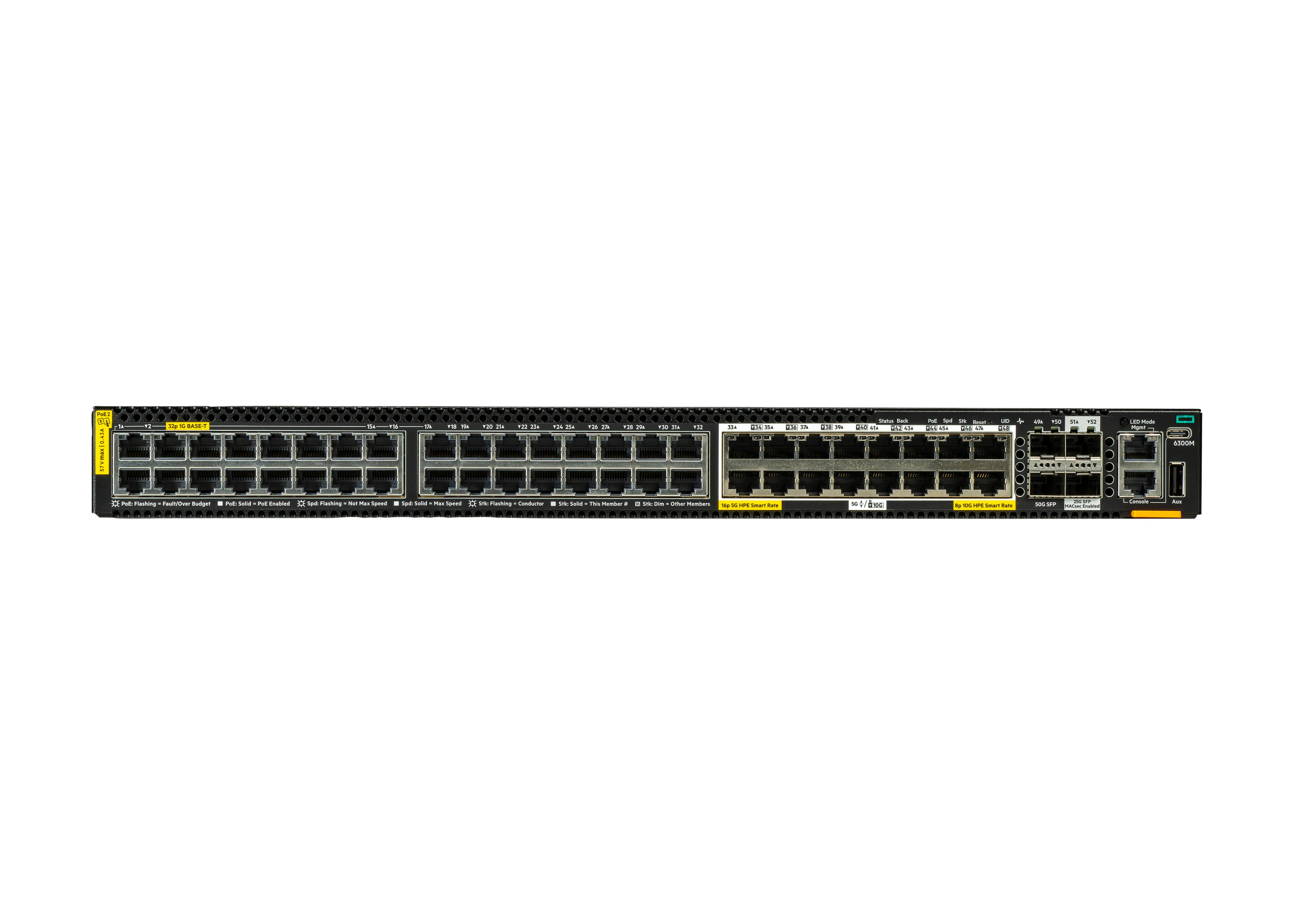 HPE Aruba Networking CX 6300M 32p 1G 16p Smart Rate 5G Class8 PoE 2p SFP56 50G 2p SFP28 25G MACsec Switch - Switch - L3 - managed - 32 x 10/100/1000 (PoE++)