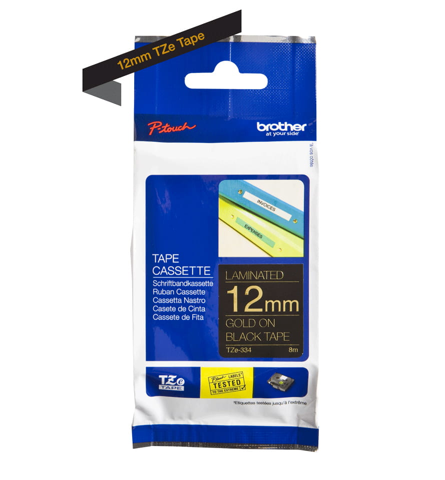 Brother TZe-334 - Standard-Klebstoff - gold auf schwarz - Rolle (1,2 cm x 8 m)