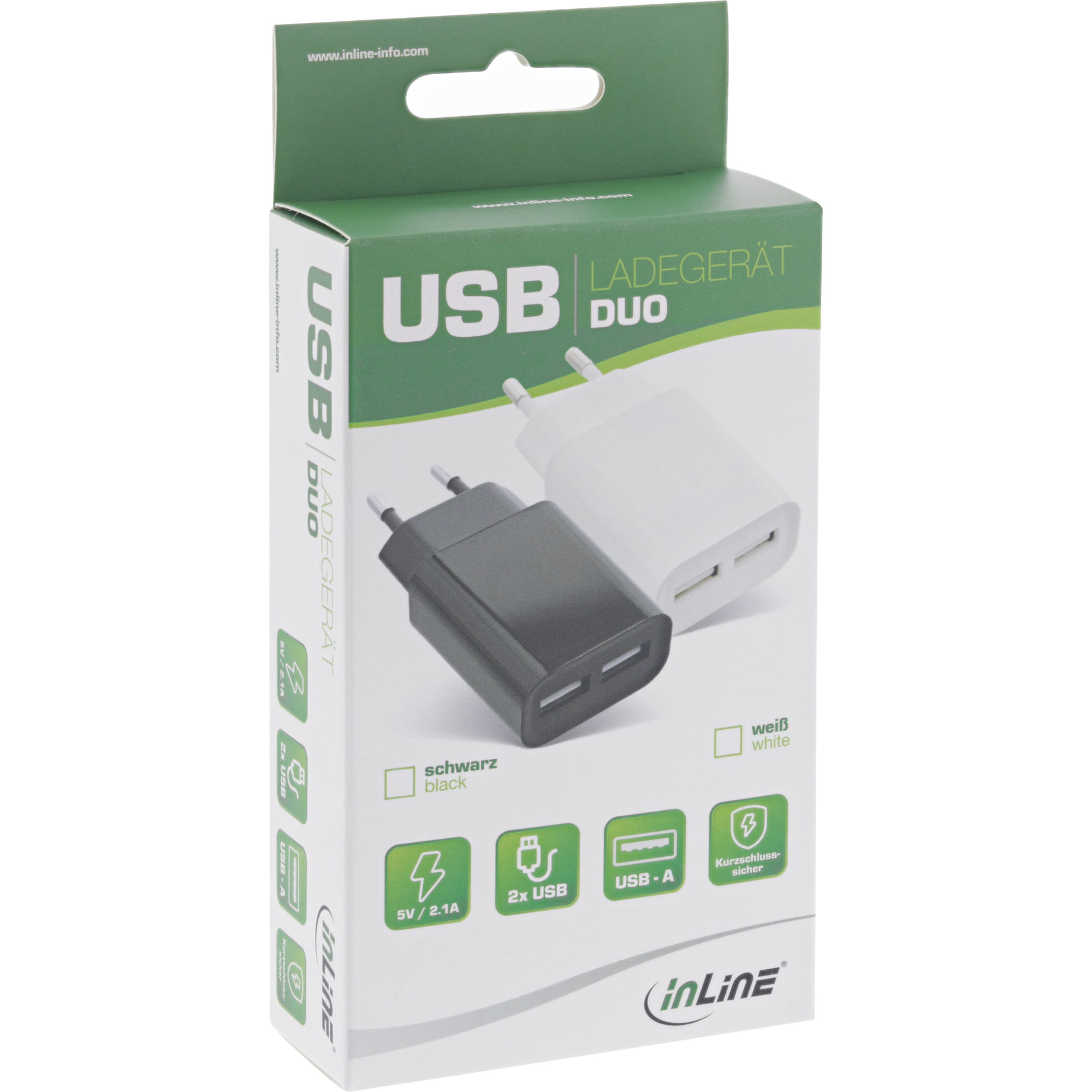 InLine USB Ladegerät DUO - Netzteil 2-fach - 100-240V zu 5V/2.1A - weiß