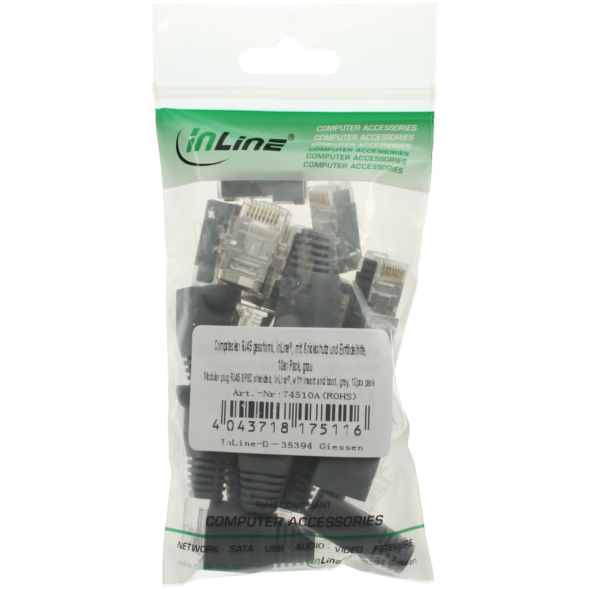 InLine Crimpstecker RJ45 geschirmt - Knickschutz grau & Einfädelhilfe - 10er Pack