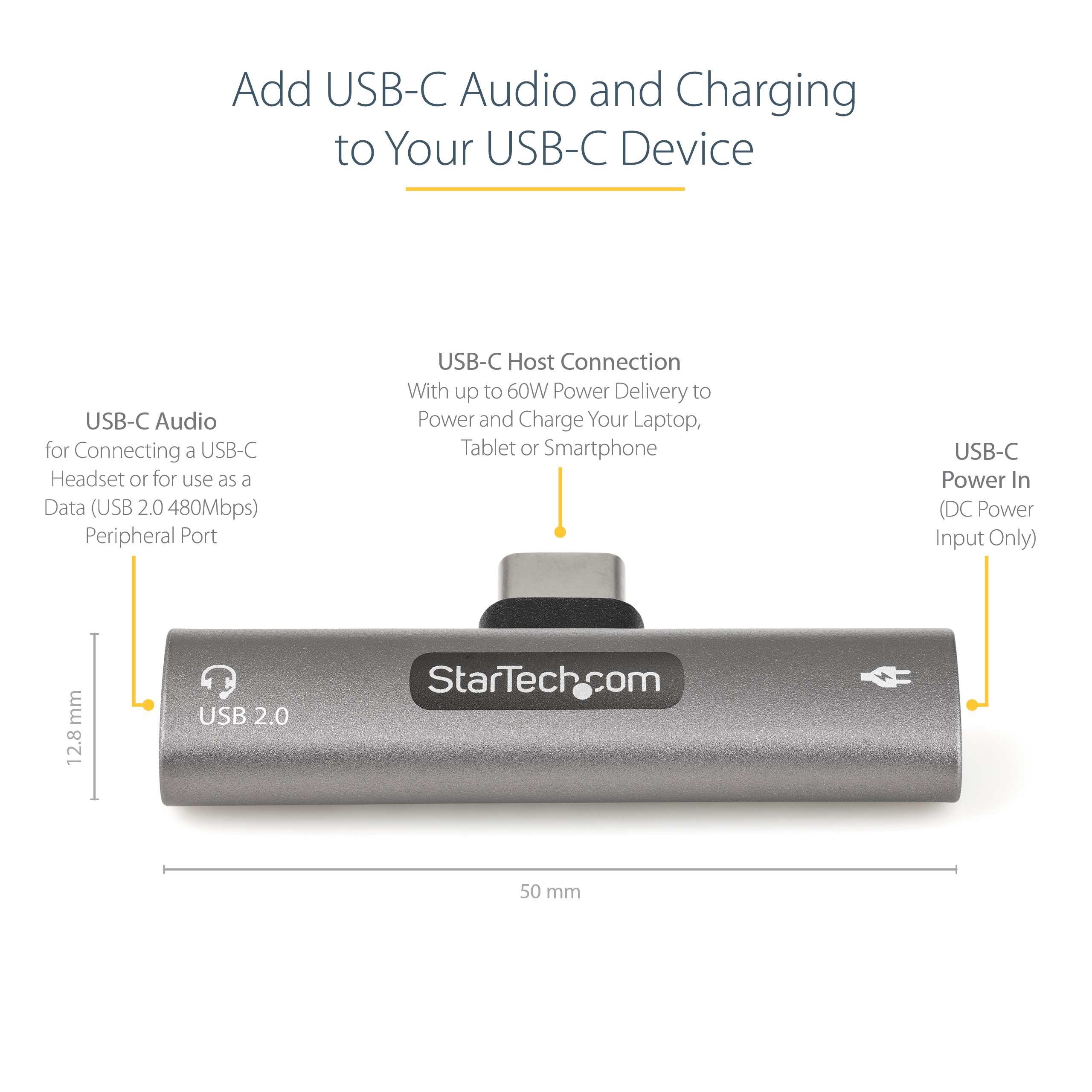 StarTech.com USB C Audio & Charge Adapter, USB-C Audio Adapter with USB-C Audio Headphone/Headset Port and 60W USB Type-C Power Delivery Pass-through Charger, For USB-C Phone/Tablet/Laptop - USB-C Audio/Charging (CDP2CAPDM)
