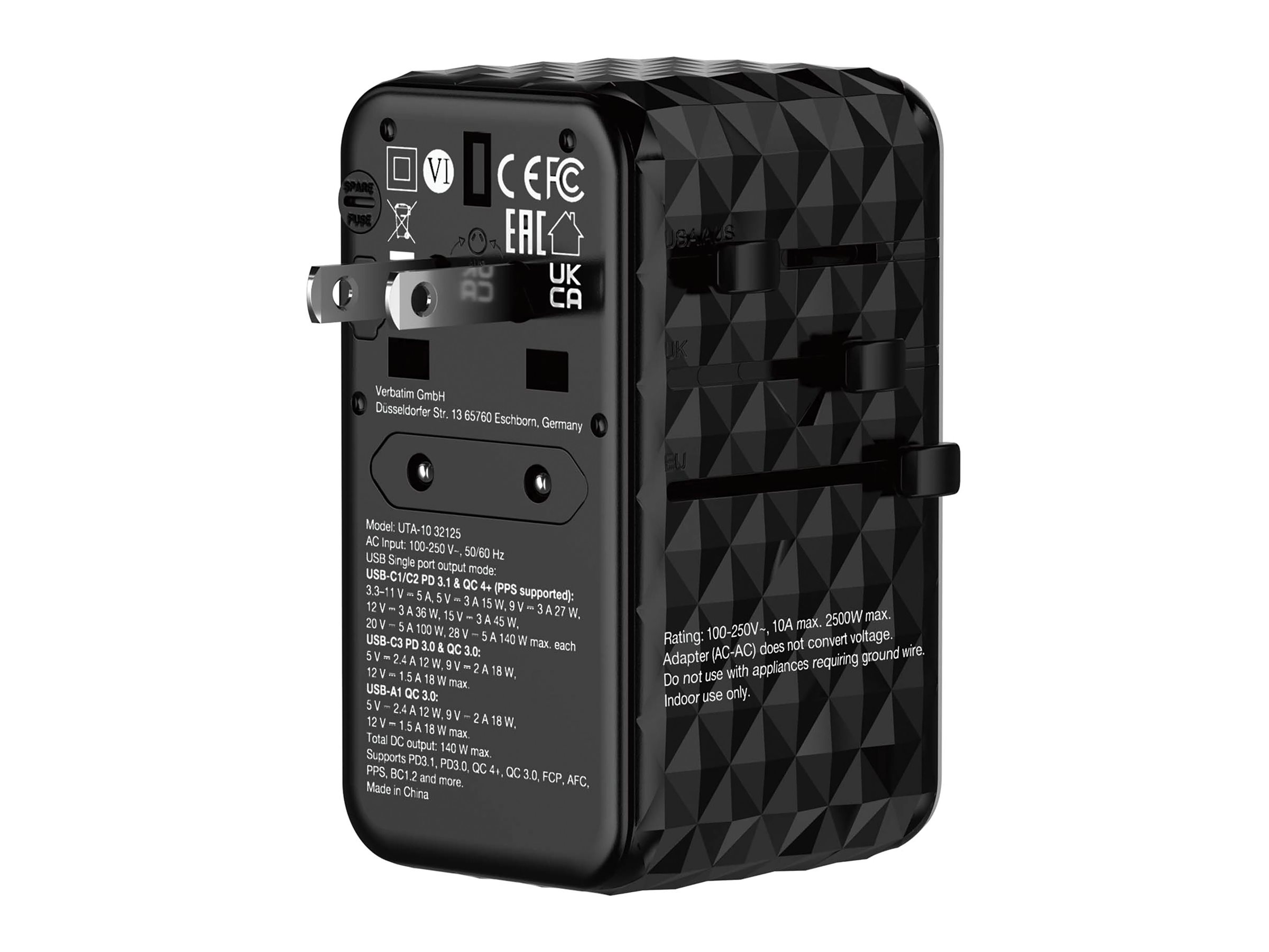 Verbatim UTA-10 - Netzteil - GaN III, universell - 140 Watt - 10 A - Power Delivery 3.1, PD/PPS, QC 3.0, QC 4.0+, Apple Fast Charge, USB BC 1.2, Fast Charge, PD 3.0, Super Charge - 4 Ausgabeanschlussstellen (3 x USB-C, USB)