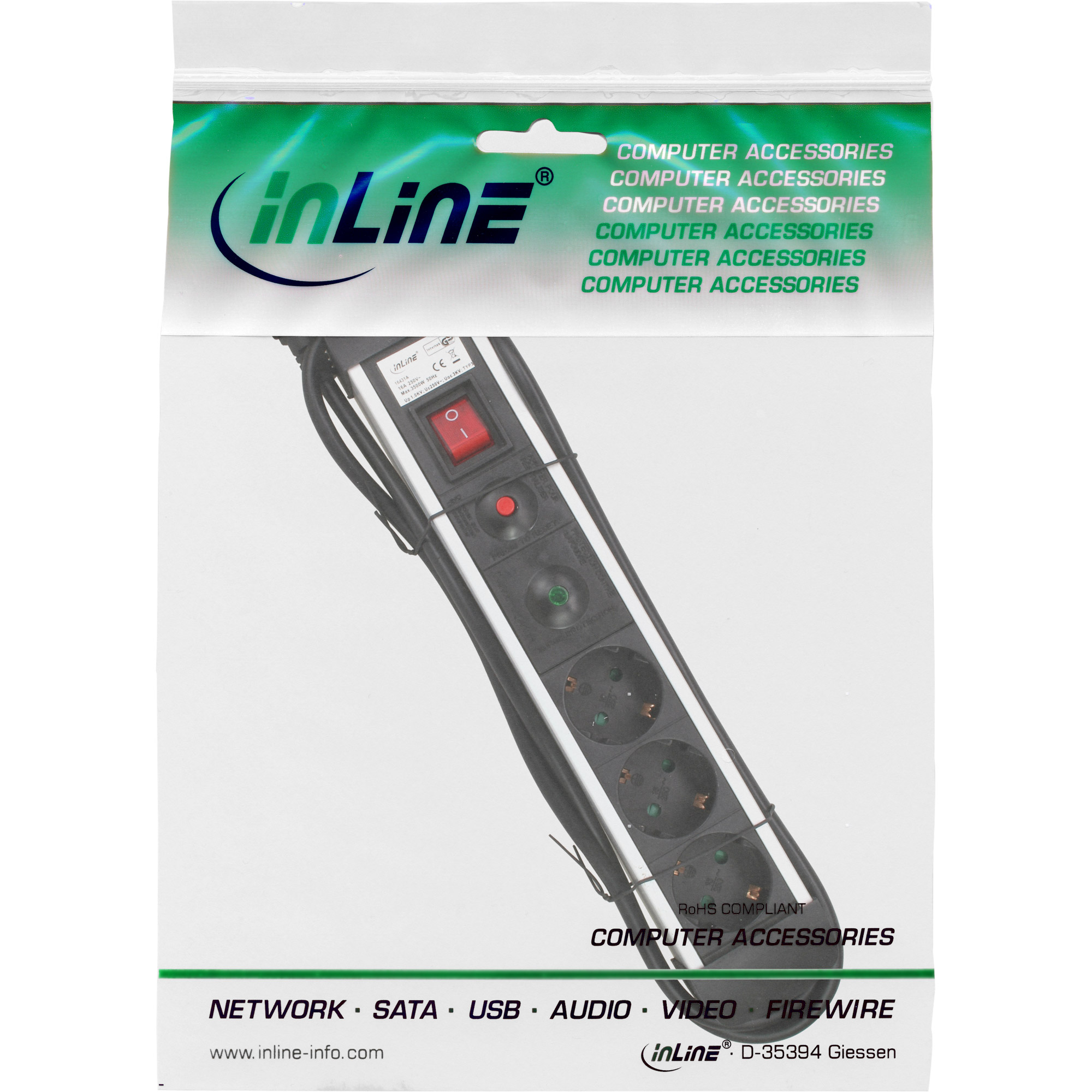 InLine Steckdosenleiste Alu - 3-fach Schutzkontakt - mit Ü-Schutz - Schalter - 1,5m InLine Steckdosenleiste Alu - 3-fach Schutzkontakt - mit Ü-Schutz - Schalter - 1,5m