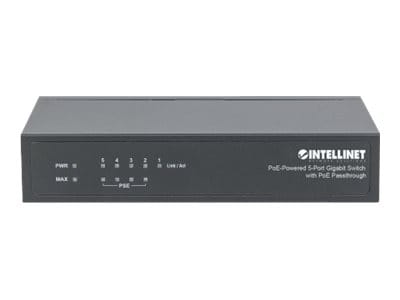 Intellinet PoE-Powered 5-Port Gigabit Switch with PoE Passthrough, 4 x PSE PoE ports, 1 x PD PoE port, IEEE 802.3at/af Power-over-Ethernet (PoE+/PoE)