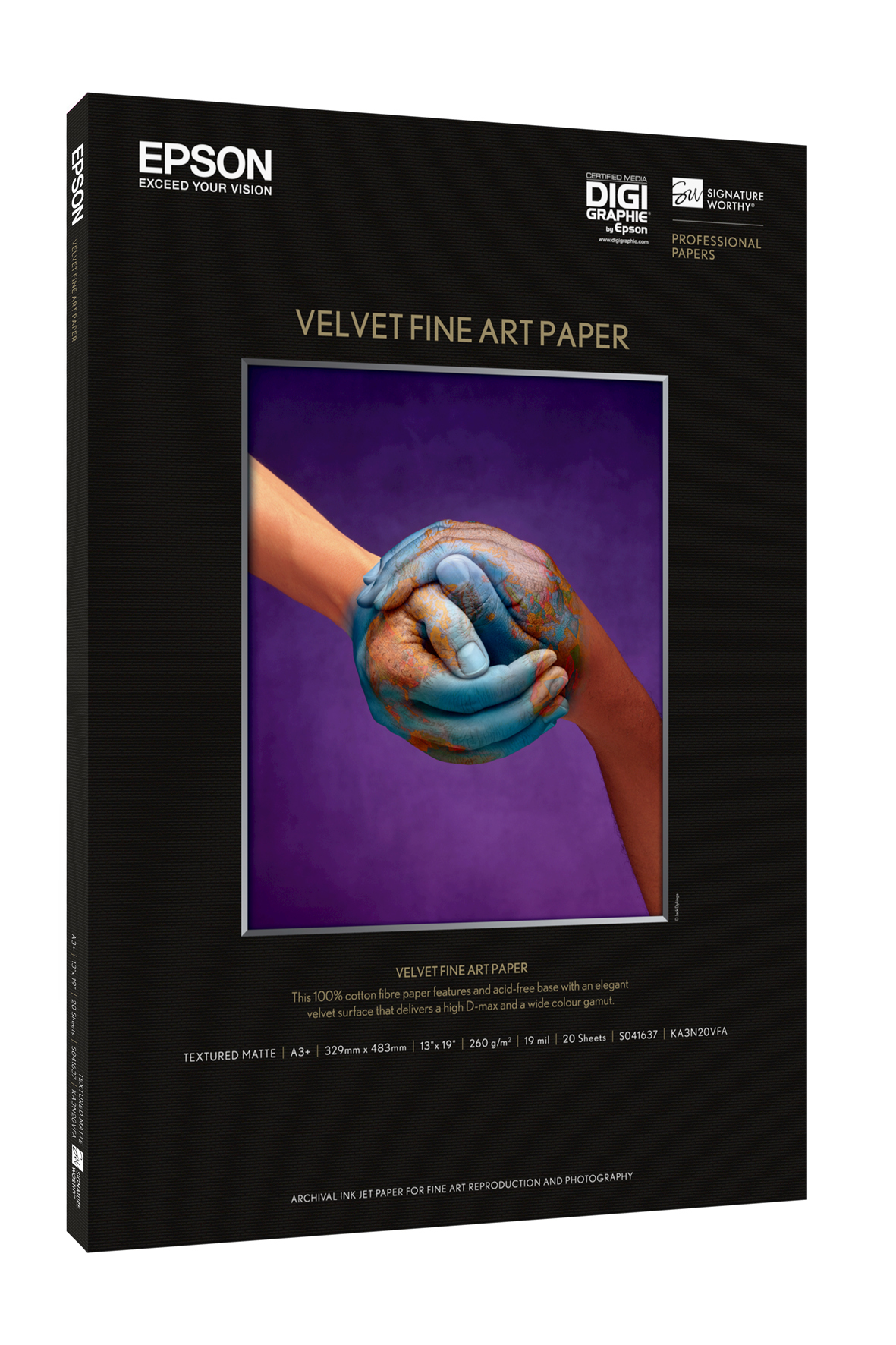 Epson Velvet Fine Art Paper, A3+, 260 g/m², 20 Blatt, Tintenstrahldrucker, A3+ (330x483 mm), 20 Blätter, 260 g/m², 0,96%, 345 mm