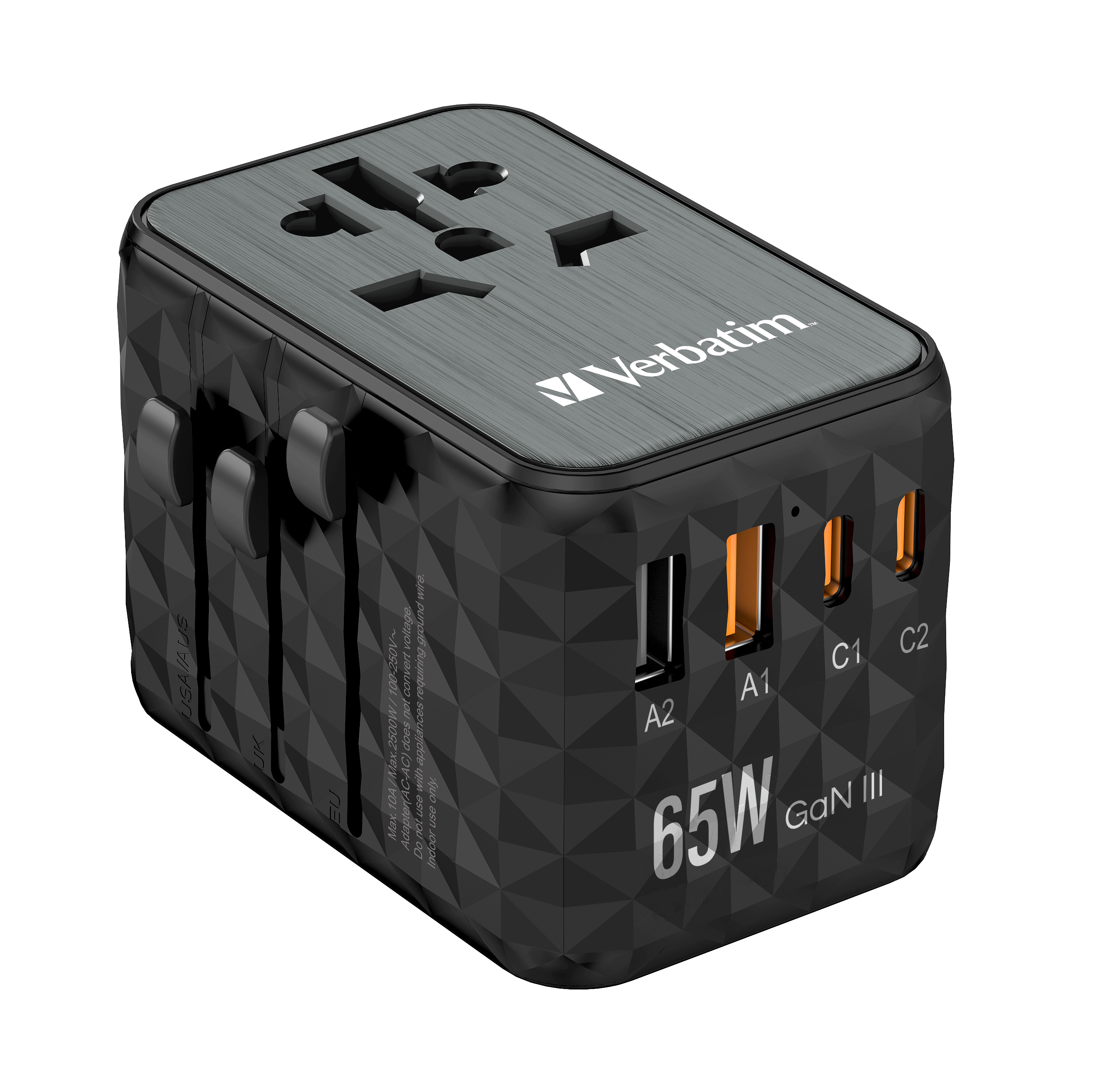 Verbatim UTA-05 - Netzteil - GaN III, Universal - 65 Watt - 5 A - PD 3.0, QC 4.0+, QC 3.0, Fast Charge, Super Charge, Apple Fast Charge, PD/PPS, USB BC 1.2 - 4 Ausgabeanschlussstellen (2 x USB-C, 2 x USB)