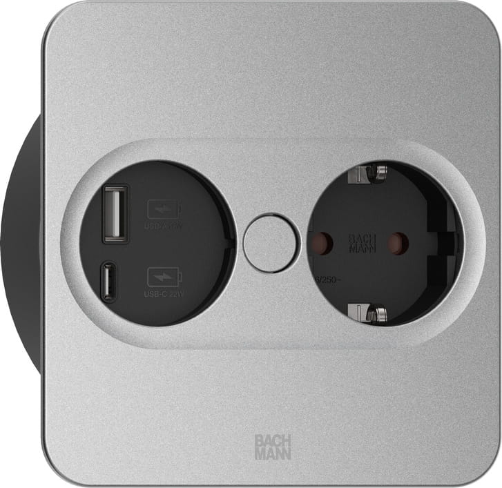 Bachmann 946.013, Type F + USB A + USB C, Desktop eingebettet, 4 cm, Tisch/Bank, Silber, Metall, Kunststoff