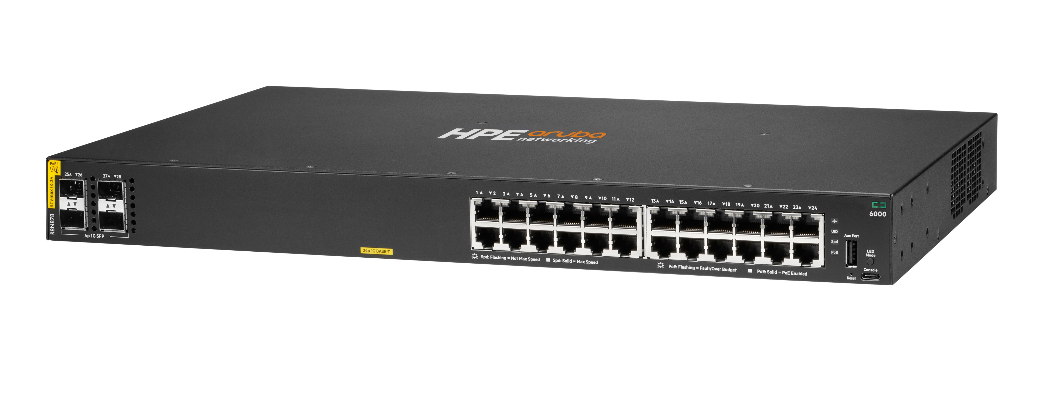 HPE Aruba Networking CX 6000 24p 10M/100M/1G Class4 PoE 4p SFP 1G 370W Switch, Managed, L3, Gigabit Ethernet (10/100/1000), Power over Ethernet (PoE), Rack-Einbau, 1U