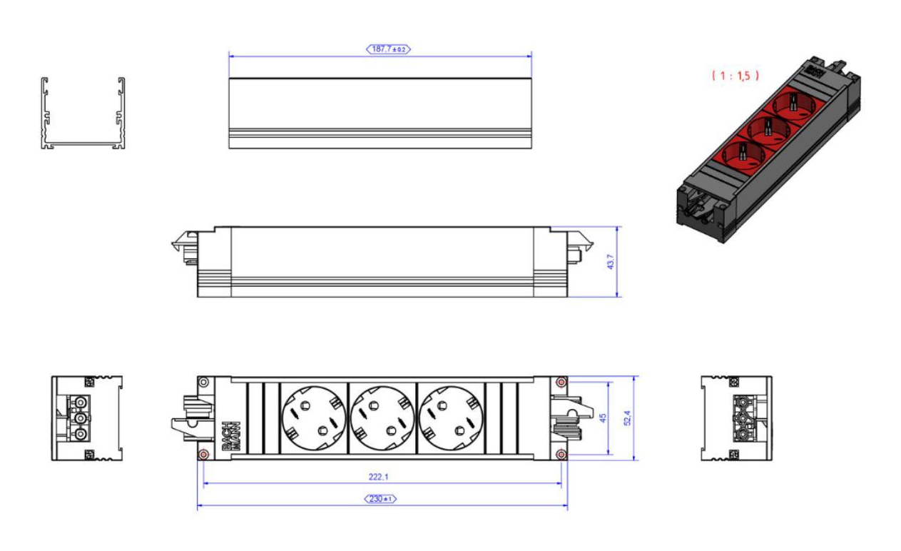 Bachmann STEP BASE - Steckdosenleiste - Wechselstrom 250 V - Eingabe, Eingang GST18i3 - Ausgangsanschlüsse: 3 (power CEE 7/3)