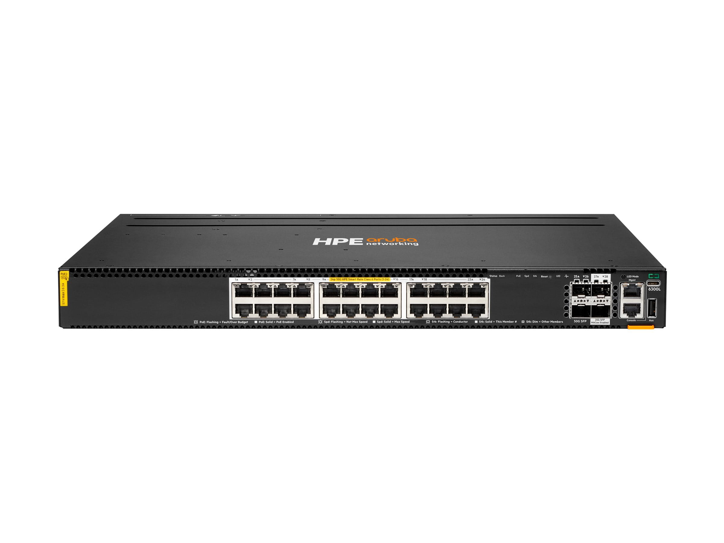 HPE Aruba Networking CX 6300L 24p Smart Rate 1G/2.5G/5G/10G Class6 PoE 2p 50G and 2p 25G L2 Switch - Switch - L3 - 24 x 1/2.5/5/10GBase-T (PoE++)