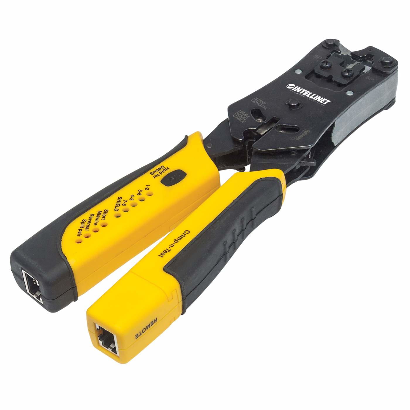 Intellinet Universal Crimpwerkzeug und Kabeltester, 2-in-1-Werkzeug zum Schneiden, Abisolieren, Crimpen und Testen
