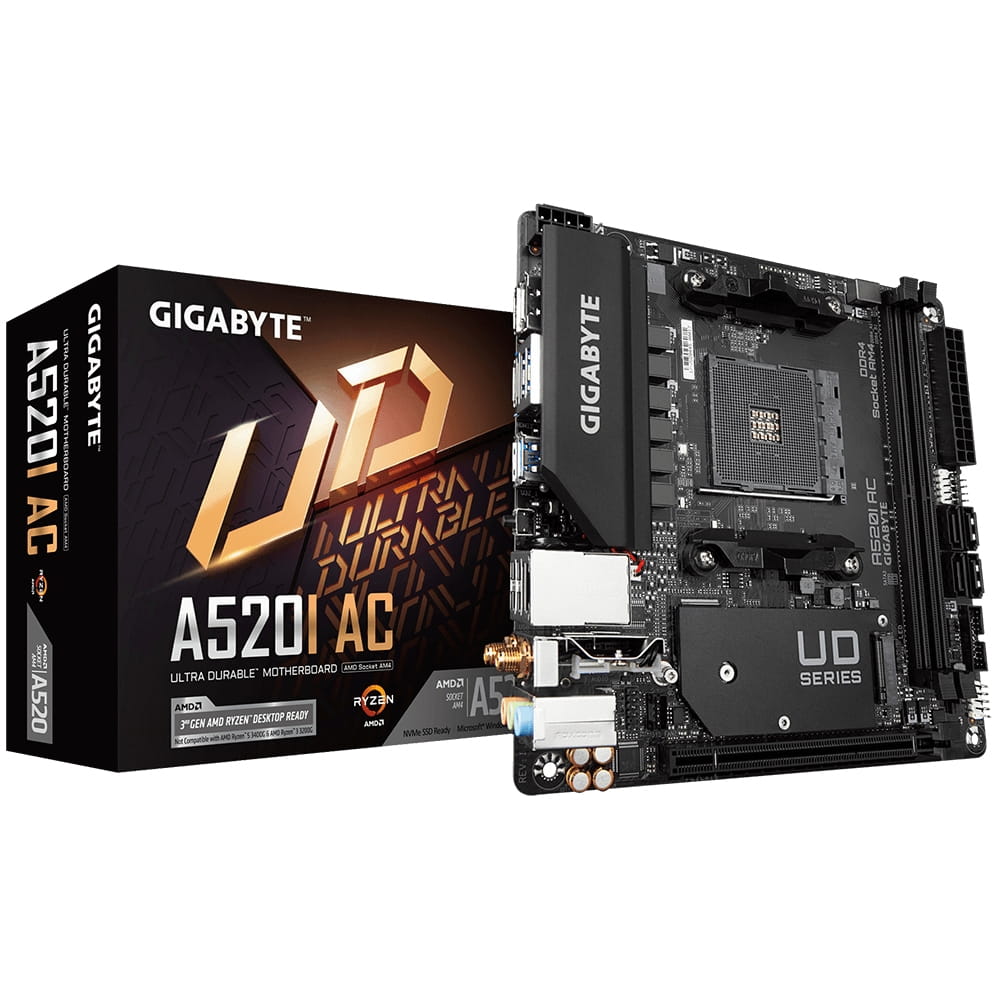 Gigabyte A520I AC - 1.0 - Motherboard - Mini-ITX - Socket AM4 - AMD A520 Chipsatz - USB 3.2 Gen 1 - Gigabit LAN, Wi-Fi, Bluetooth - Onboard-Grafik (CPU erforderlich)