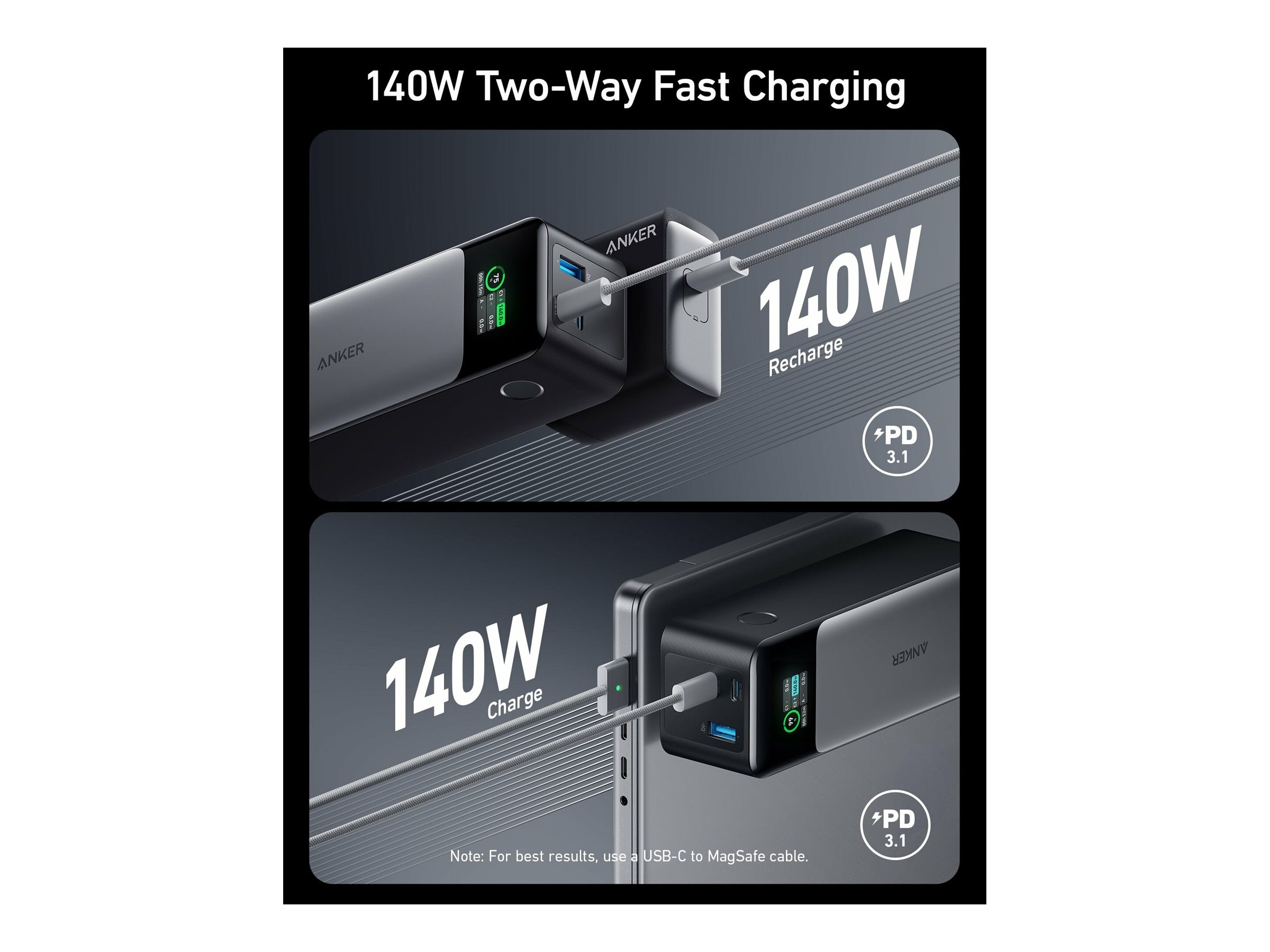 ANKER 737 - Powerbank - GaN-Technologie - 24000 mAh - Power Delivery 3.1, Anker PowerIQ 4.0 - 3 Ausgabeanschlussstellen (USB, 2 x USB-C)
