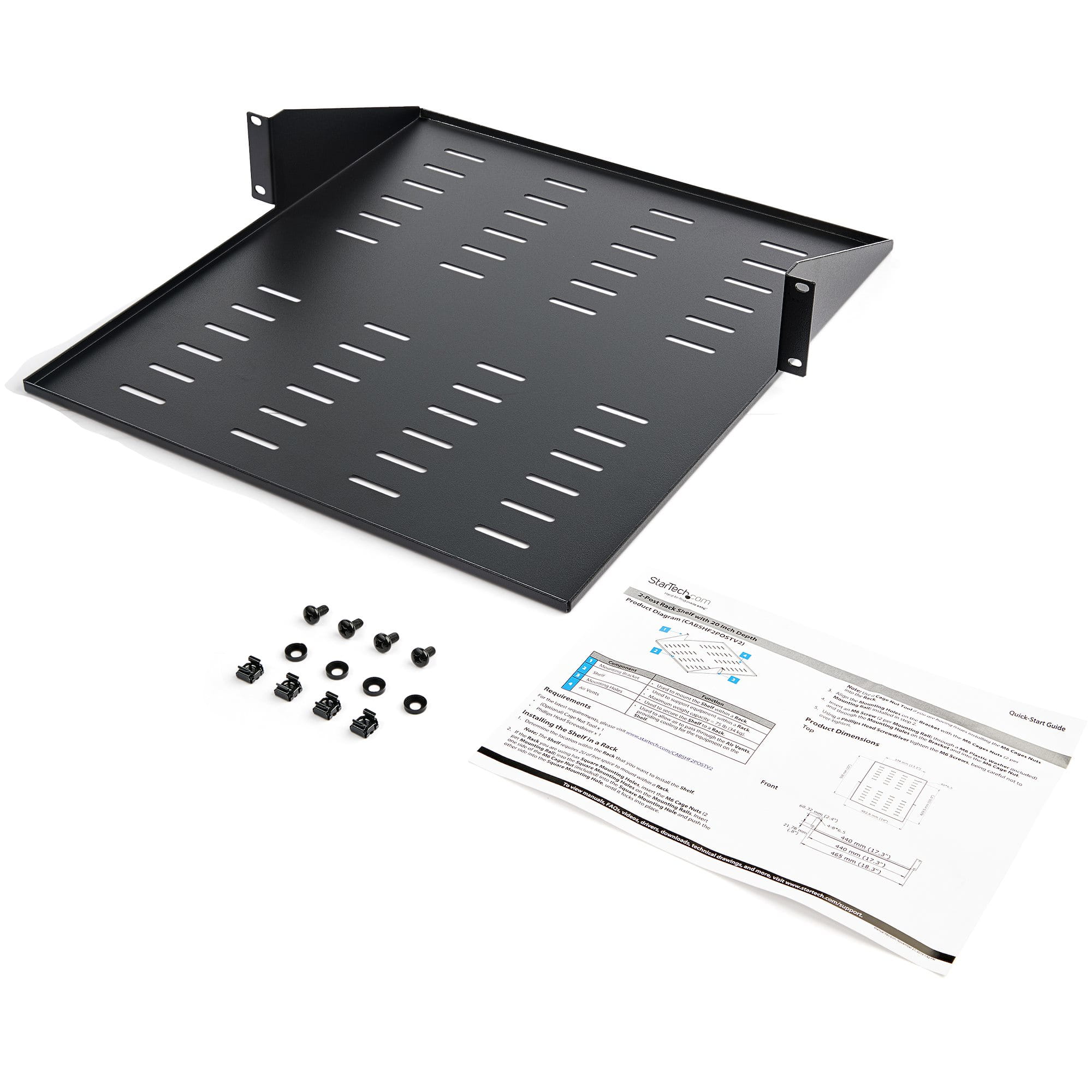 StarTech.com 2U Vented 19" 2-Post Network Rack Cabinet Shelf, 20in Deep Center Mount Cantilever Tray Rackmount Shelf for AV/Data Equipment Enclosure with Cage Nuts & Screws 75lb Capacity - 2U Fixed Rack Shelf (CABSHF2POSTV2) StarTech.com 2U Vented 19" 2-Post Network Rack Cabinet Shelf, 20in Deep Center Mount Cantilever Tray Rackmount Shelf for AV/Data Equipment Enclosure with Cage Nuts & Screws 75lb Capacity - 2U Fixed Rack Shelf (CABSHF2POSTV2)