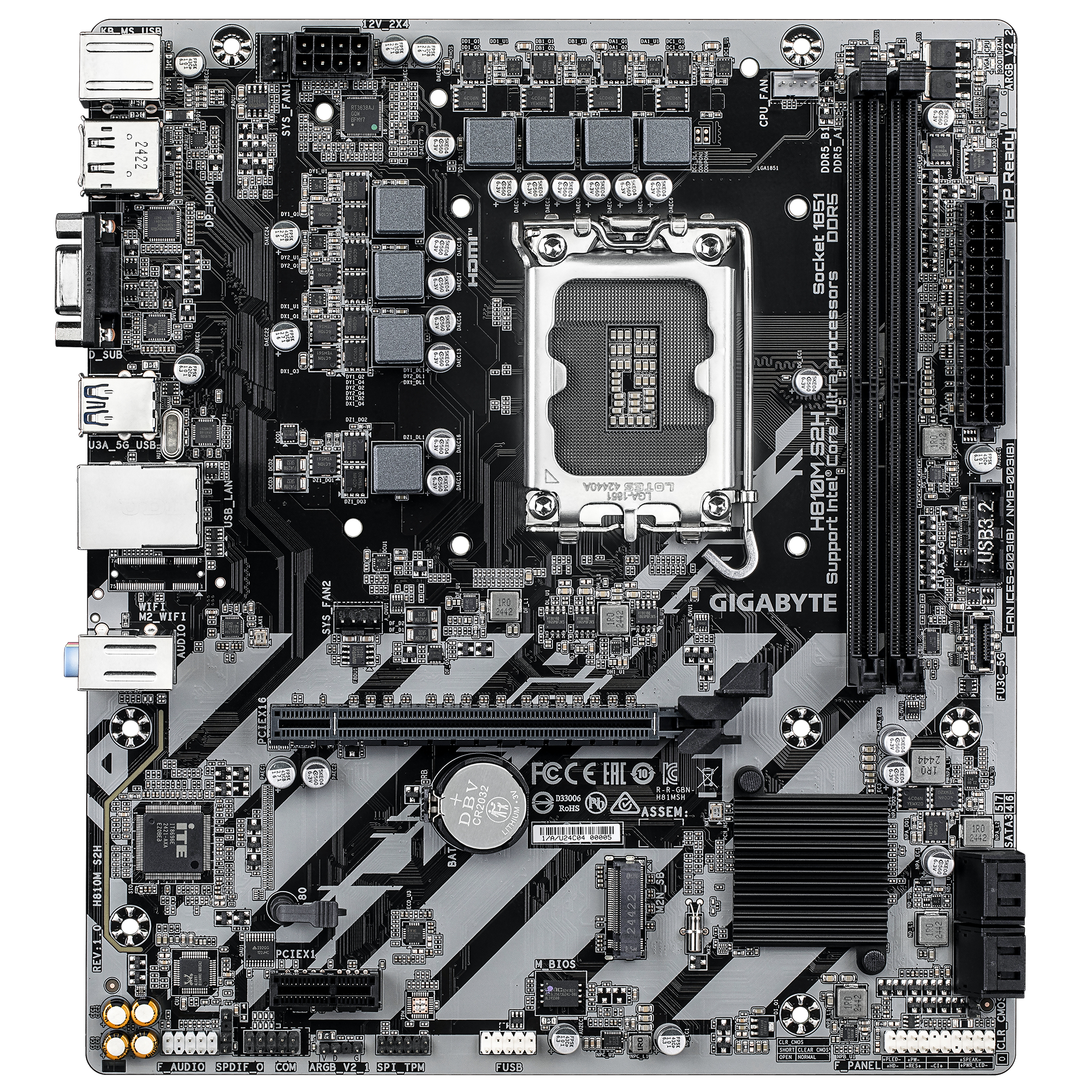 Gigabyte H810M S2H - Motherboard - micro ATX - LGA1851 Sockel - H810 Chipsatz - USB-C 3.2 Gen 1, USB 3.2 Gen 1 - Gigabit LAN - Onboard-Grafik (CPU erforderlich)