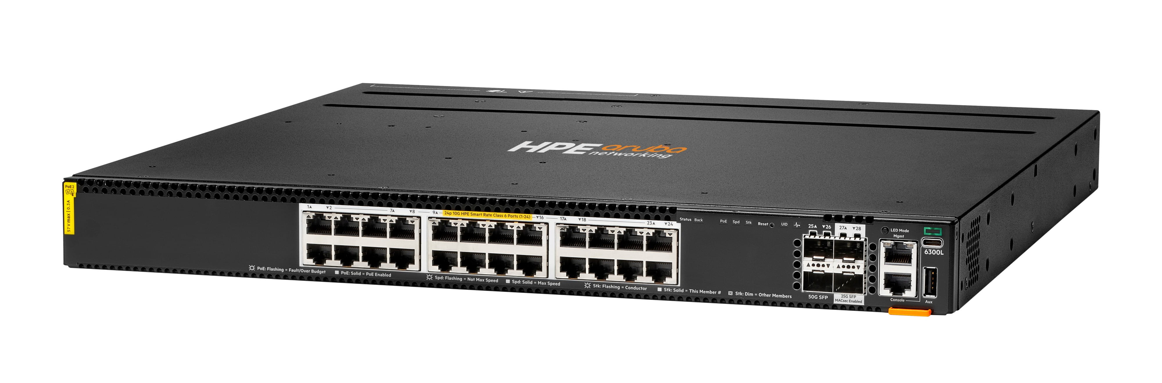 HPE Aruba Networking CX 6300L 24p Smart Rate 1G/2.5G/5G/10G Class6 PoE 2p 50G and 2p 25G L2 Switch - Switch - L3 - 24 x 1/2.5/5/10GBase-T (PoE++)