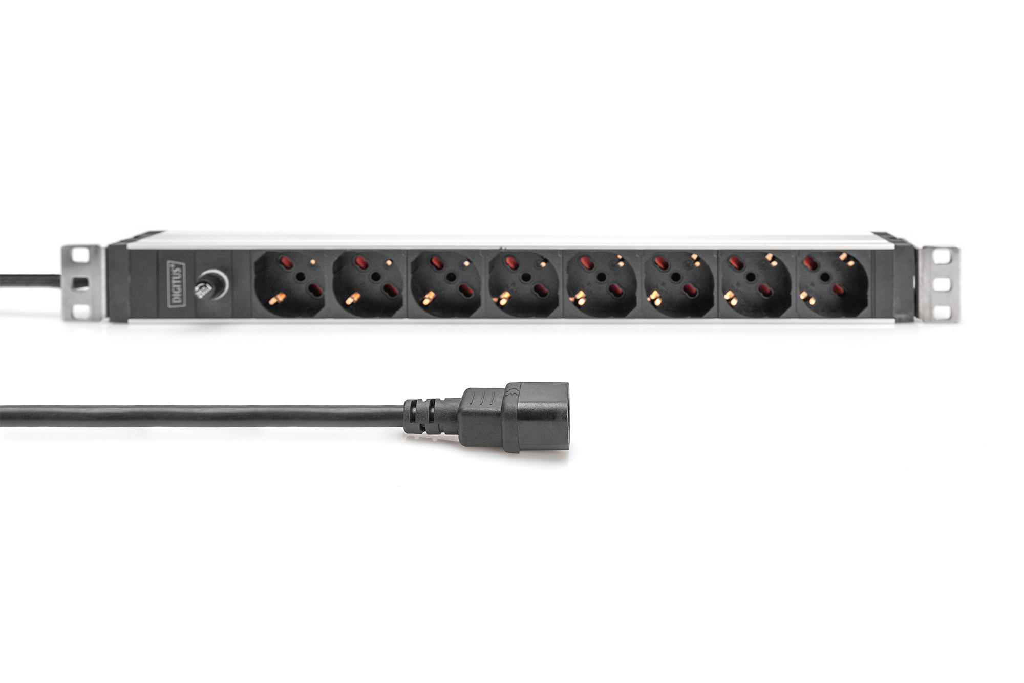 DIGITUS Steckdosenleiste mit Aluminiumprofil und Vorsicherung, 8-fach italienischer Ausgang, 2 m Zuleitung IEC C14 Stecker