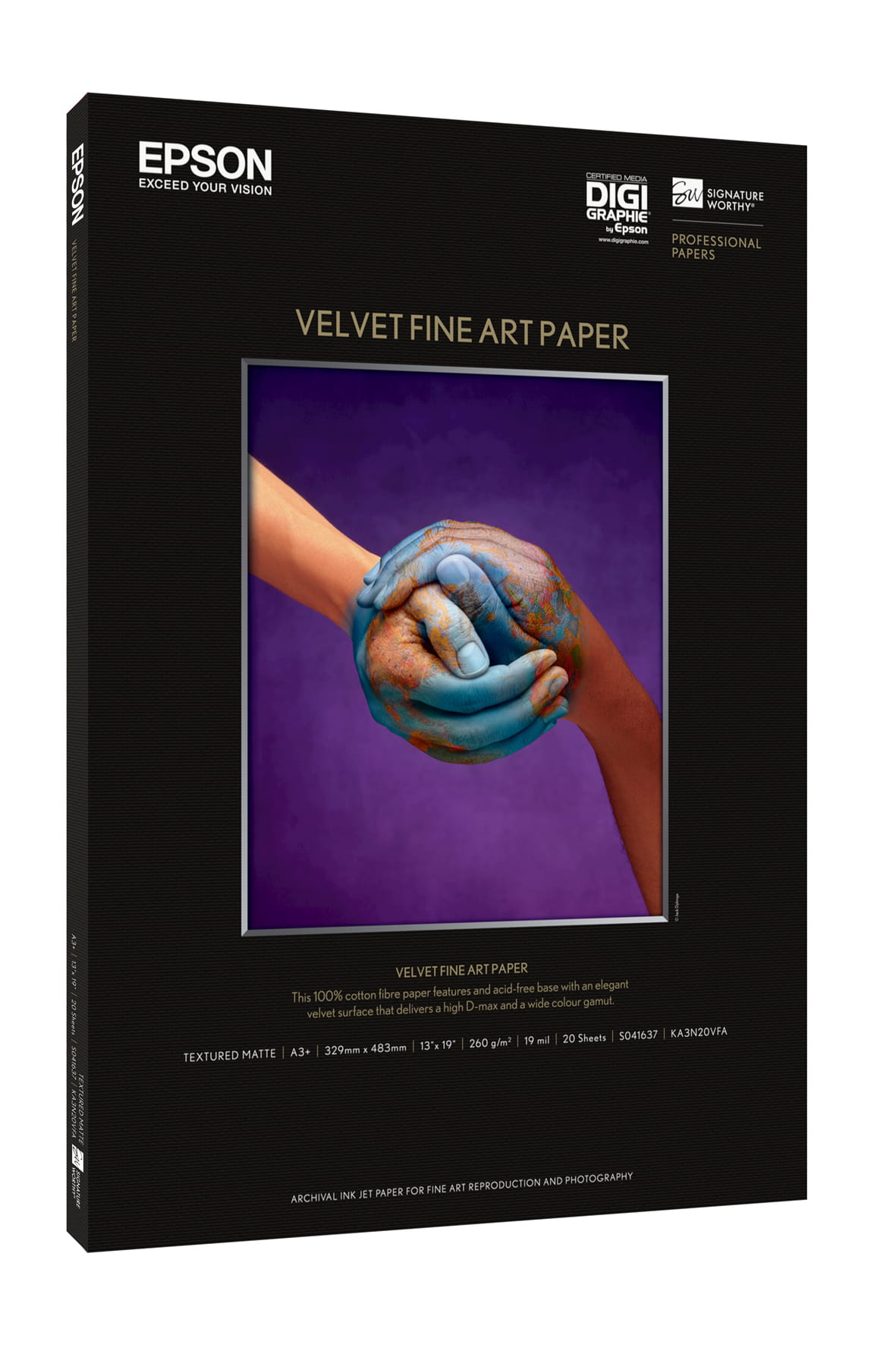 Epson Velvet Fine Art Paper, A3+, 260 g/m², 20 Blatt, Tintenstrahldrucker, A3+ (330x483 mm), 20 Blätter, 260 g/m², 0,96%, 345 mm