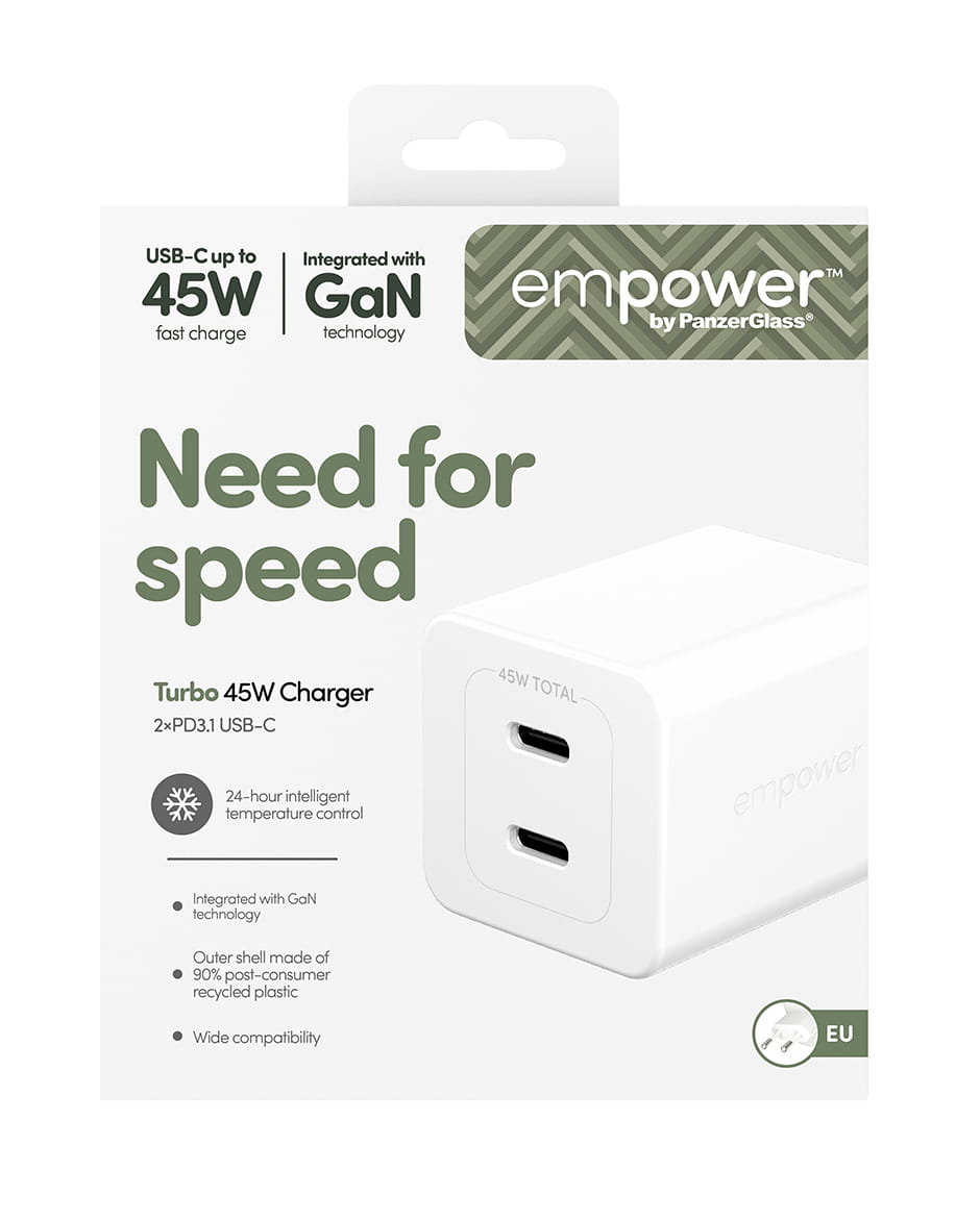 PanzerGlass empower by PanzerGlass - Netzteil - 45 Watt - Power Delivery 3.1 - 2 Ausgabeanschlussstellen (USB-C)