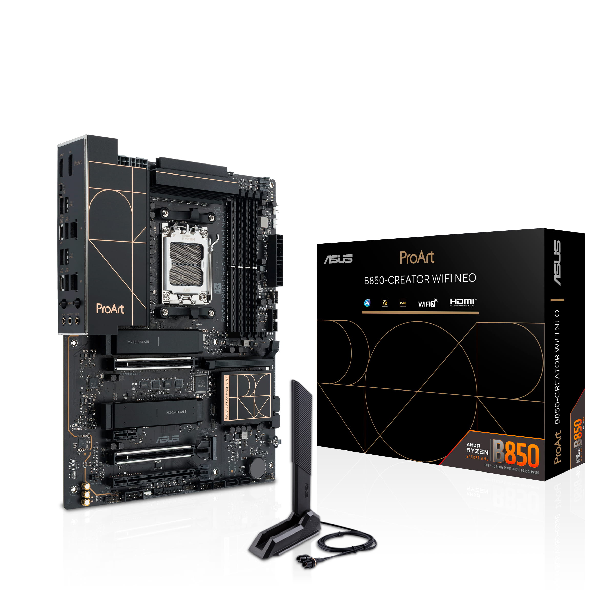 ASUS ProArt B850-CREATOR WIFI NEO - Motherboard - ATX - Socket AM5 - AMD B850 Chipsatz - USB-C 3.2 Gen 2x2, USB-C 3.2 Gen2, USB 3.2 Gen 2, USB 3.2 Gen 1, USB4, USB-C 3.2 Gen 1 - 2 x 5 Gigabit LAN, Wi-Fi 7, Bluetooth - Onboard-Grafik (CPU erforderlich)