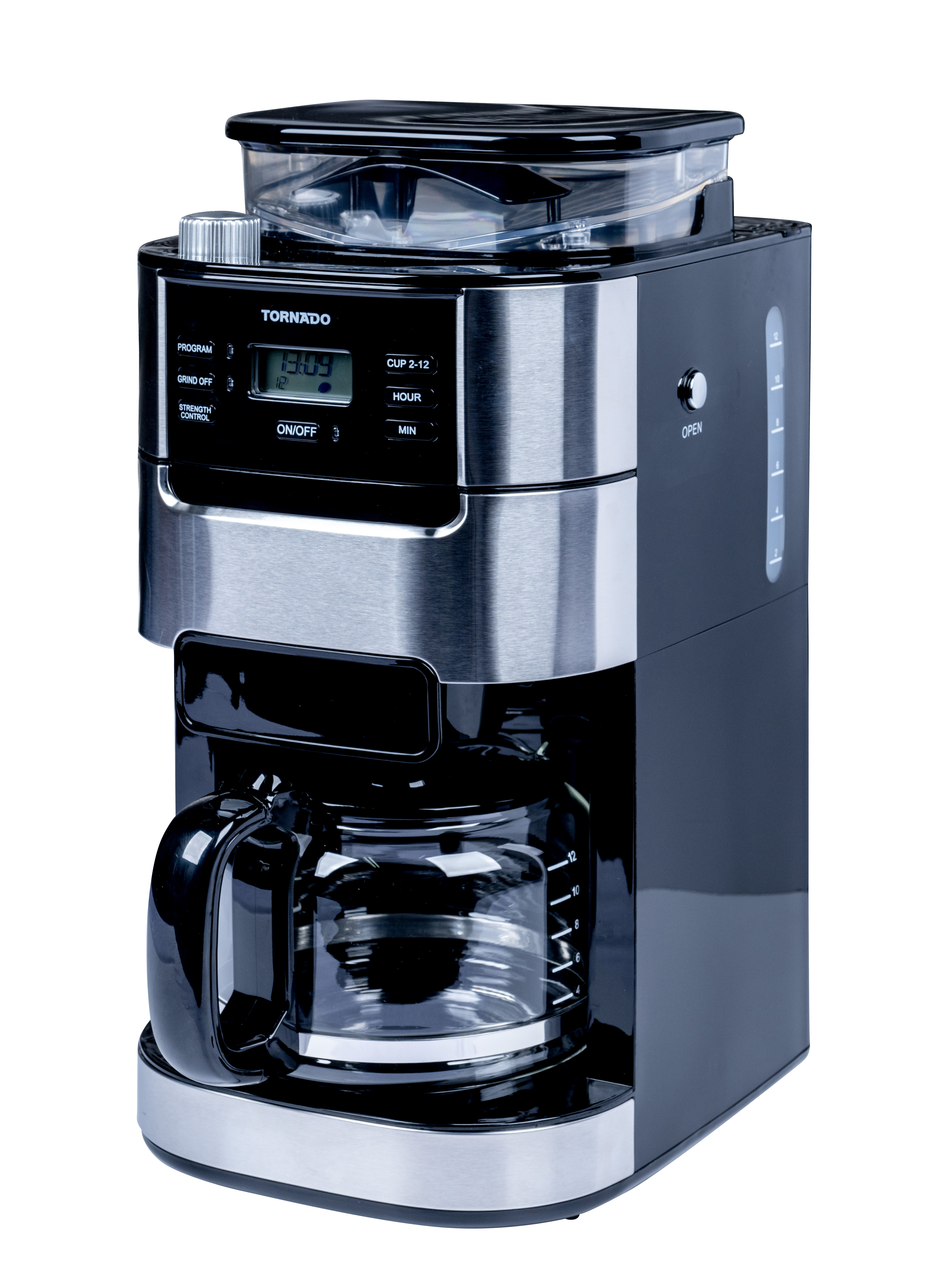 Tornado TCM-1025A-GS, Filterkaffeemaschine, 1,5 l, Kaffeebohnen, Gemahlener Kaffee, Eingebautes Mahlwerk, 1050 W, Schwarz
