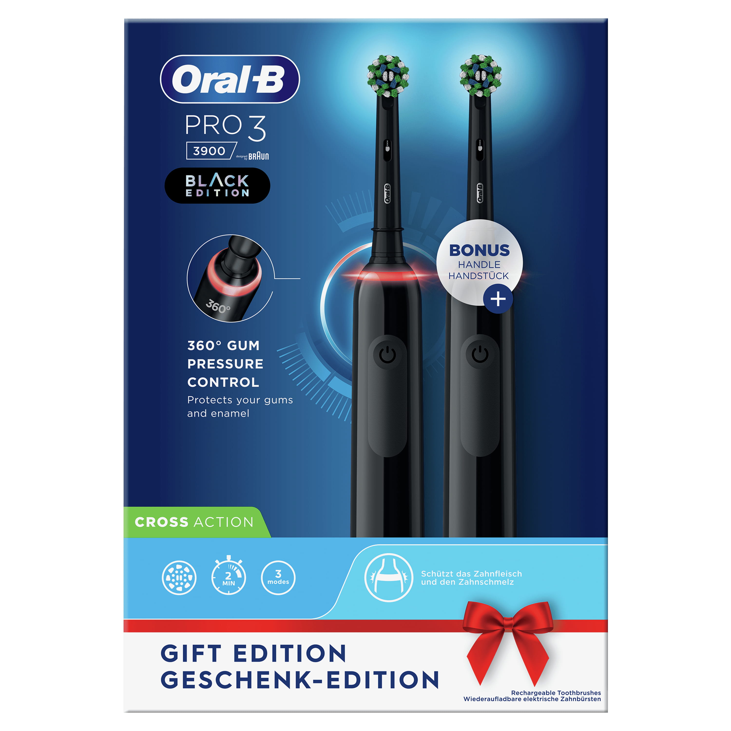 Oral-B Pro 3 3900, Erwachsener, Vibrierende Zahnbürste, Tägliche Pflege, Sensibel, für weiße Zähne, 4 x 30 sec, Deutschland, Akku