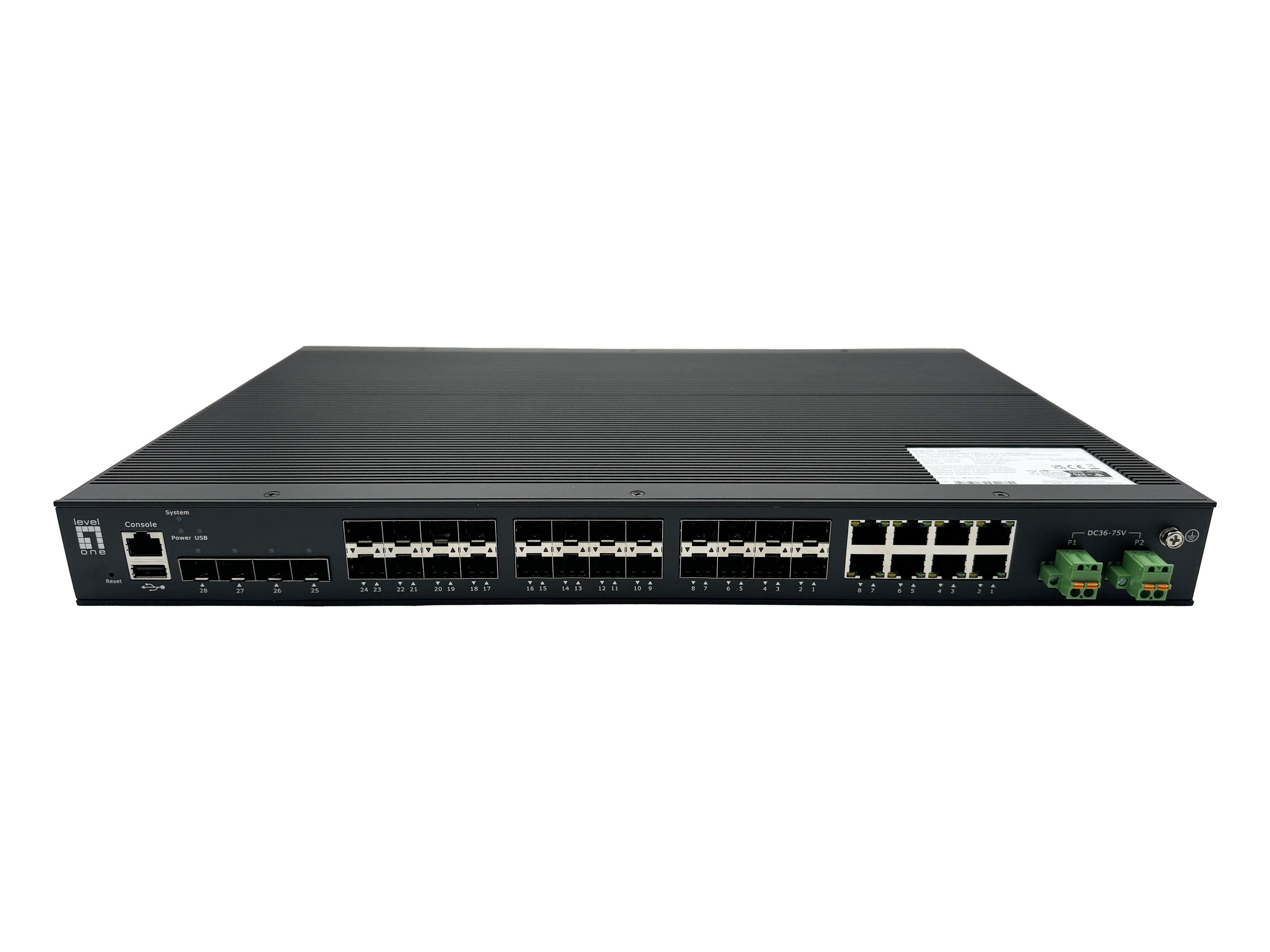 LevelOne 28-Port Managed Gigabit Industrial Glasfaser Switch der L2-Plus-Klasse mit 16 SFP-Anschlüssen für 1 Gigabit/s, Ist kompatibel mit 8 x Gigabit SFP/RJ45 Combo und 4 x 1/2.5GbE SFP, Redundantes Netzteil, -40°C bis 80°C, Managed, L2+, Rack-Einba