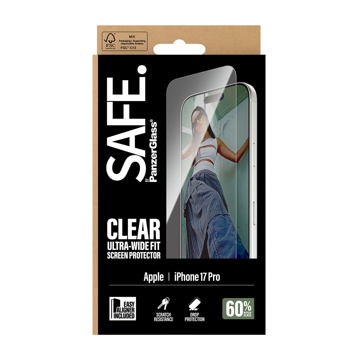 PanzerGlass SAFE. by ® Displayschutz iPhone 17 Pro | Ultra-Wide Fit m. EasyAligner, Apple, Apple - iPhone 17 Pro, Trockene Anwendung, Kratzresistent, Schockresistent, Transparent, 1 Stück(e)