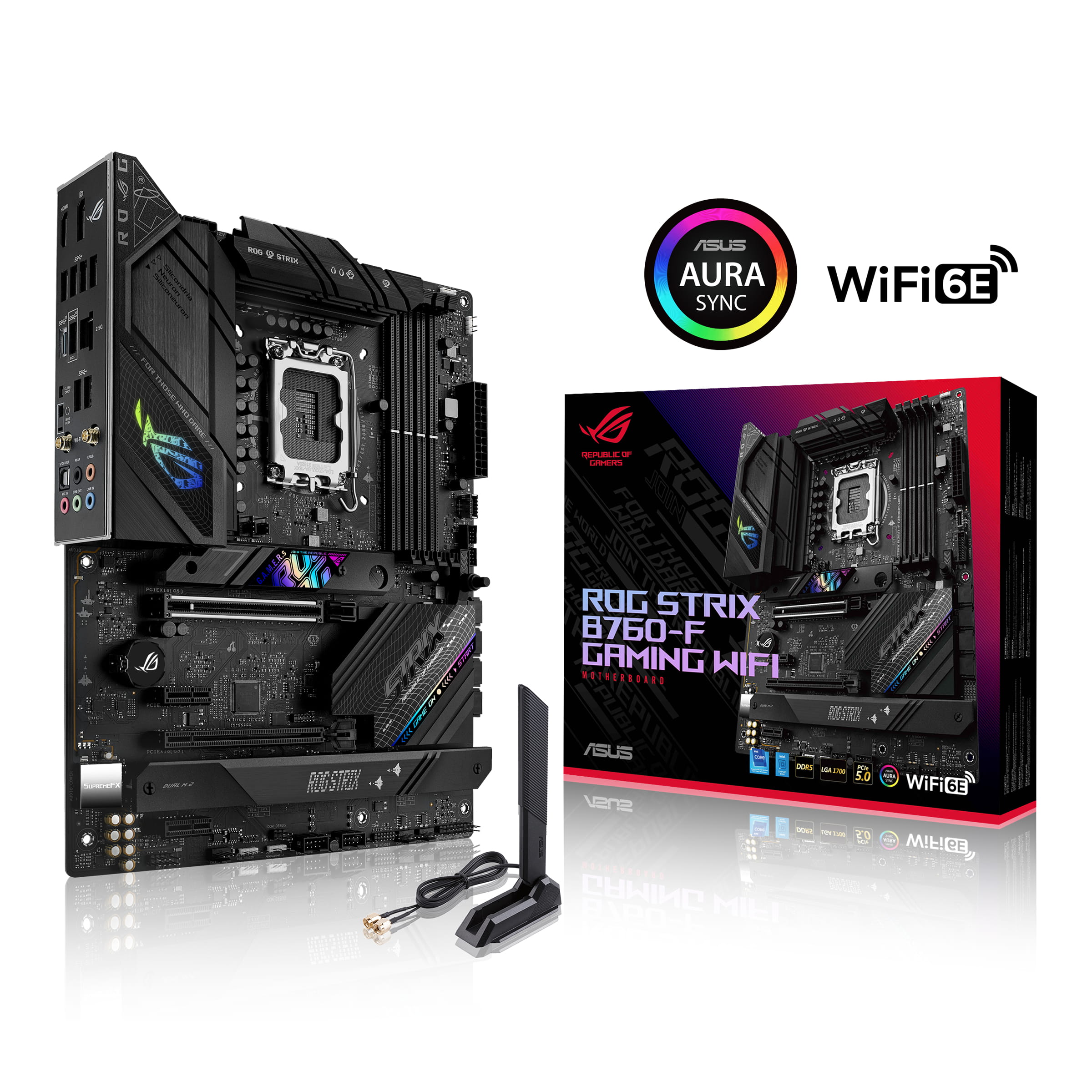 ASUS ROG STRIX B760-F GAMING WIFI - Motherboard - ATX - LGA1700-Sockel - B760 Chipsatz - USB-C 3.2 Gen 2x2, USB 3.2 Gen 2, USB 3.2 Gen 1, USB4 - 2.5 Gigabit LAN, Wi-Fi 6E, Bluetooth - Onboard-Grafik (CPU erforderlich)