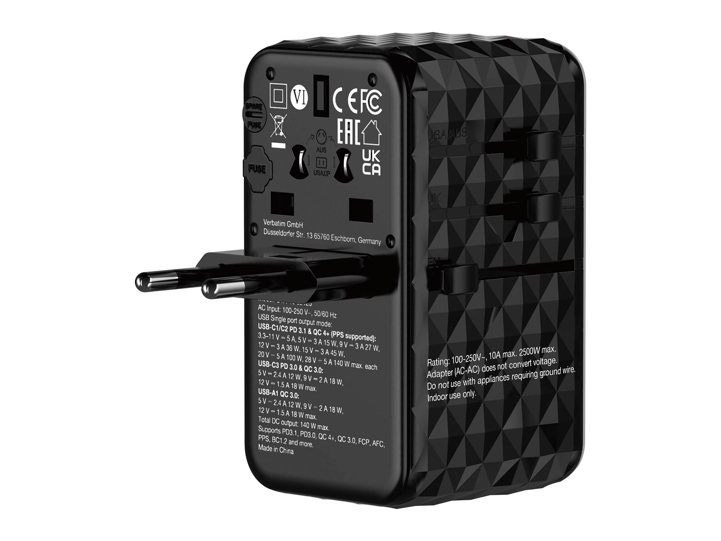 Verbatim UTA-10 - Netzteil - GaN III, universell - 140 Watt - 10 A - Power Delivery 3.1, PD/PPS, QC 3.0, QC 4.0+, Apple Fast Charge, USB BC 1.2, Fast Charge, PD 3.0, Super Charge - 4 Ausgabeanschlussstellen (3 x USB-C, USB)