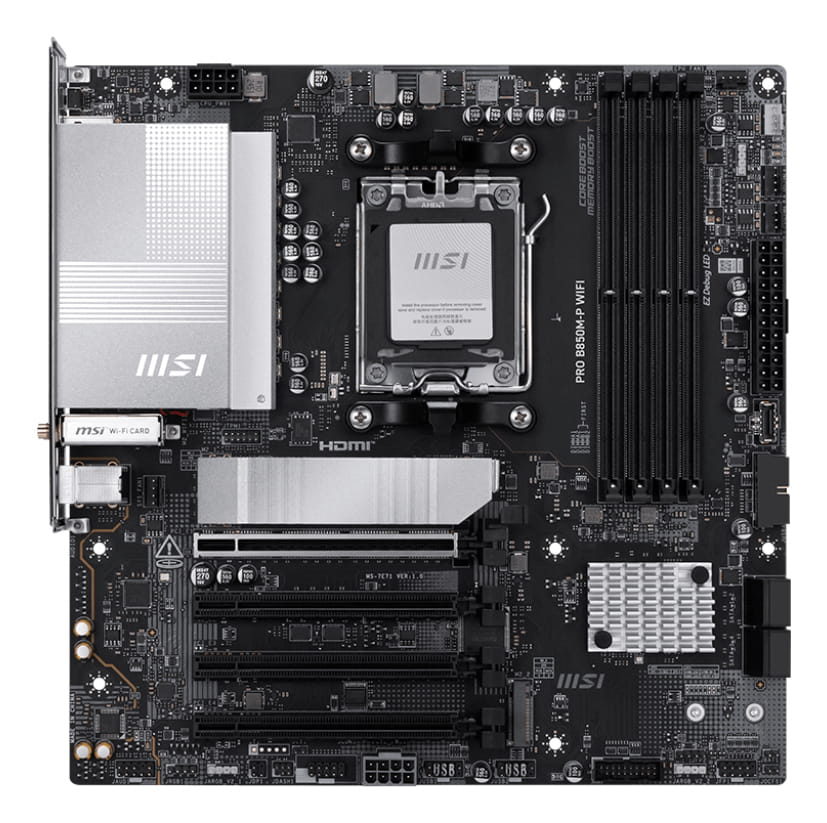 MSI PRO B850M-P WIFI - Motherboard - micro ATX - Socket AM5 - AMD B850 Chipsatz - USB 3.2 Gen 2, USB-C 3.2 Gen2, USB 3.2 Gen 1 - 5 Gigabit Ethernet, Wi-Fi 7, Bluetooth - Onboard-Grafik (CPU erforderlich)