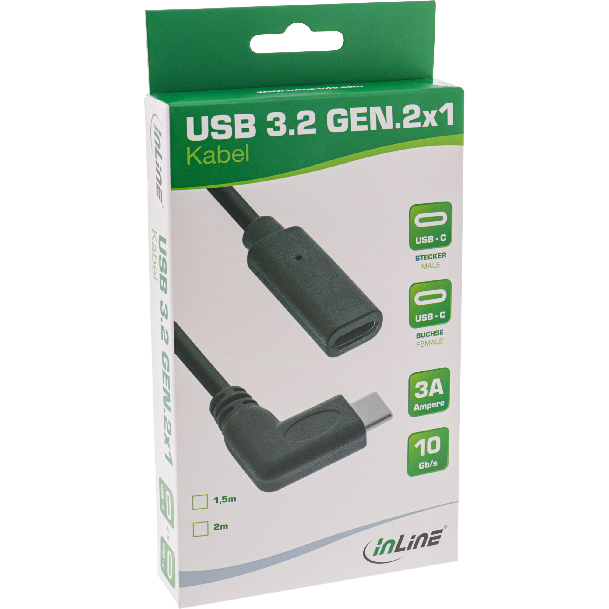 InLine USB 3.2 Gen.1x2 Kabel - USB-C Verl. - ST gewinkelt auf BU - schwarz 2m