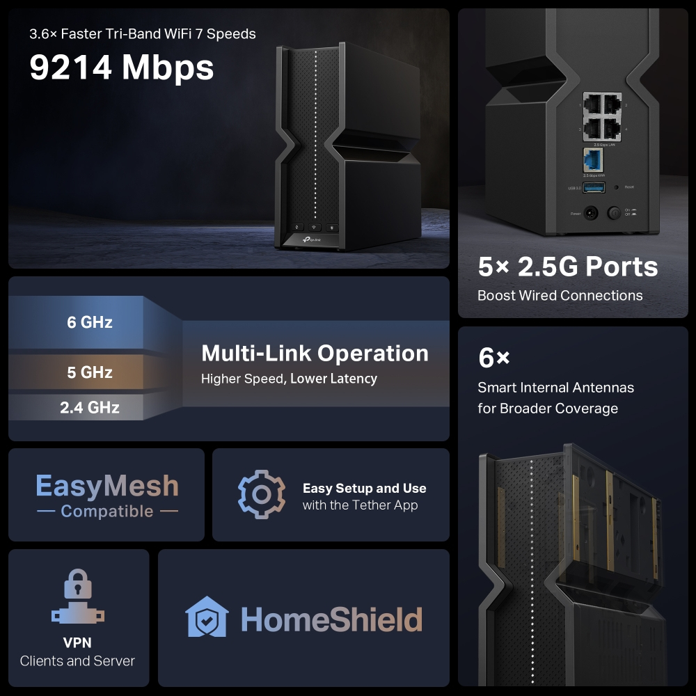TP-LINK Archer BE550, Wi-Fi 7 (802.11be), Tri-Band (2,4 GHz/5 GHz/6 GHz), Ethernet/LAN, Schwarz, Tabletop-Router