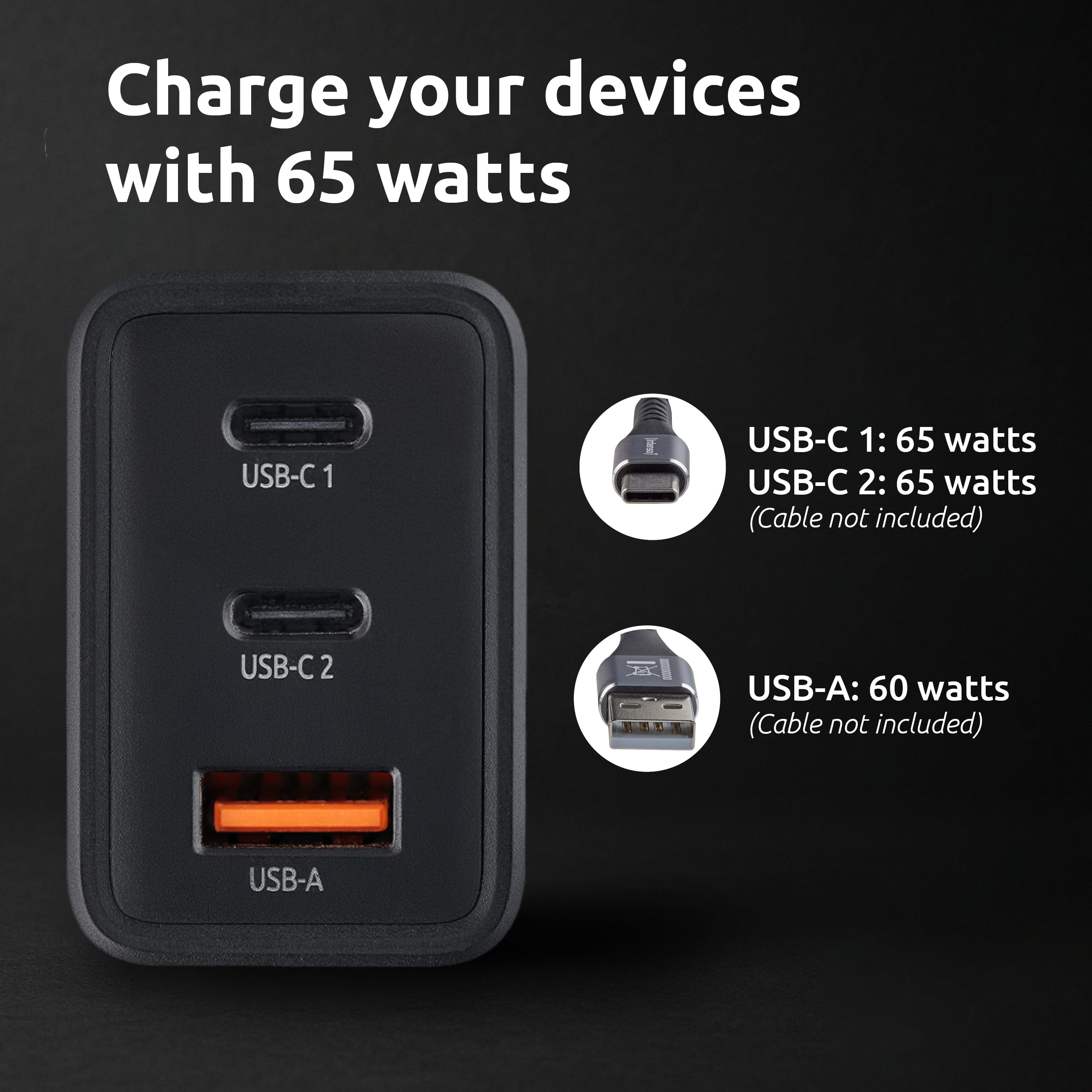 Intenso Power Adapter W65ACC, USB Netzteil mit 1 USB-A und 2 USB-C Anschlüssen, schwarz, Drinnen, 120 - 140 V, 50/60 Hz, 65 W, 11 V, Schwarz