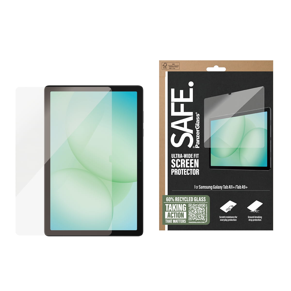 PanzerGlass SAFE. by ® Displayschutz Samsung Galaxy Tab A11+ | Tab A9+ | Ultra-Wide Fit, Samsung, Samsung - Galaxy Tab A9+ 5G, Samsung - Galaxy Tab A11+ 5G, Trockene Anwendung, Kratzresistent, Schockresistent, Transparent, 1 Stück(e)