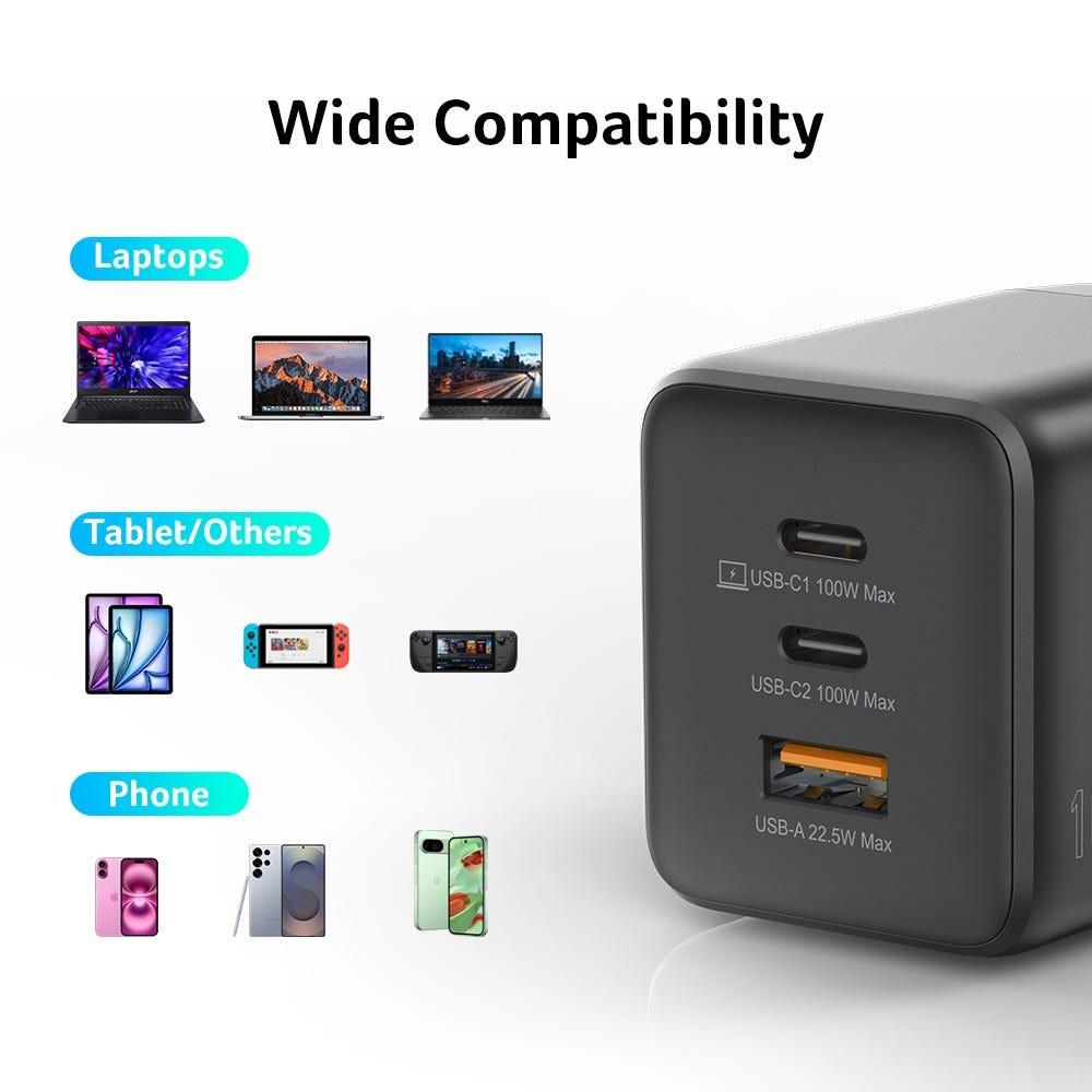 Acer Netzteil - PPS- und GaN-Technologie - 100 Watt - PD 3.0 - 3 Ausgabeanschlussstellen (USB, 2 x USB-C)