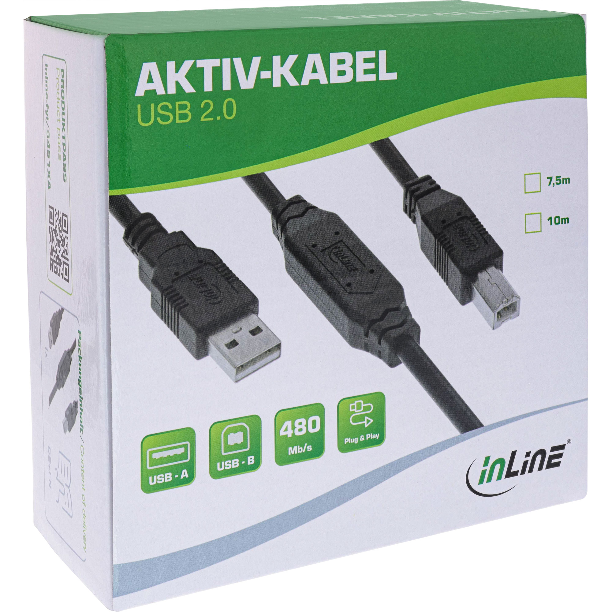 InLine USB 2.0 Aktiv-Kabel - USB-A Stecker zu USB-B Stecker - 10m