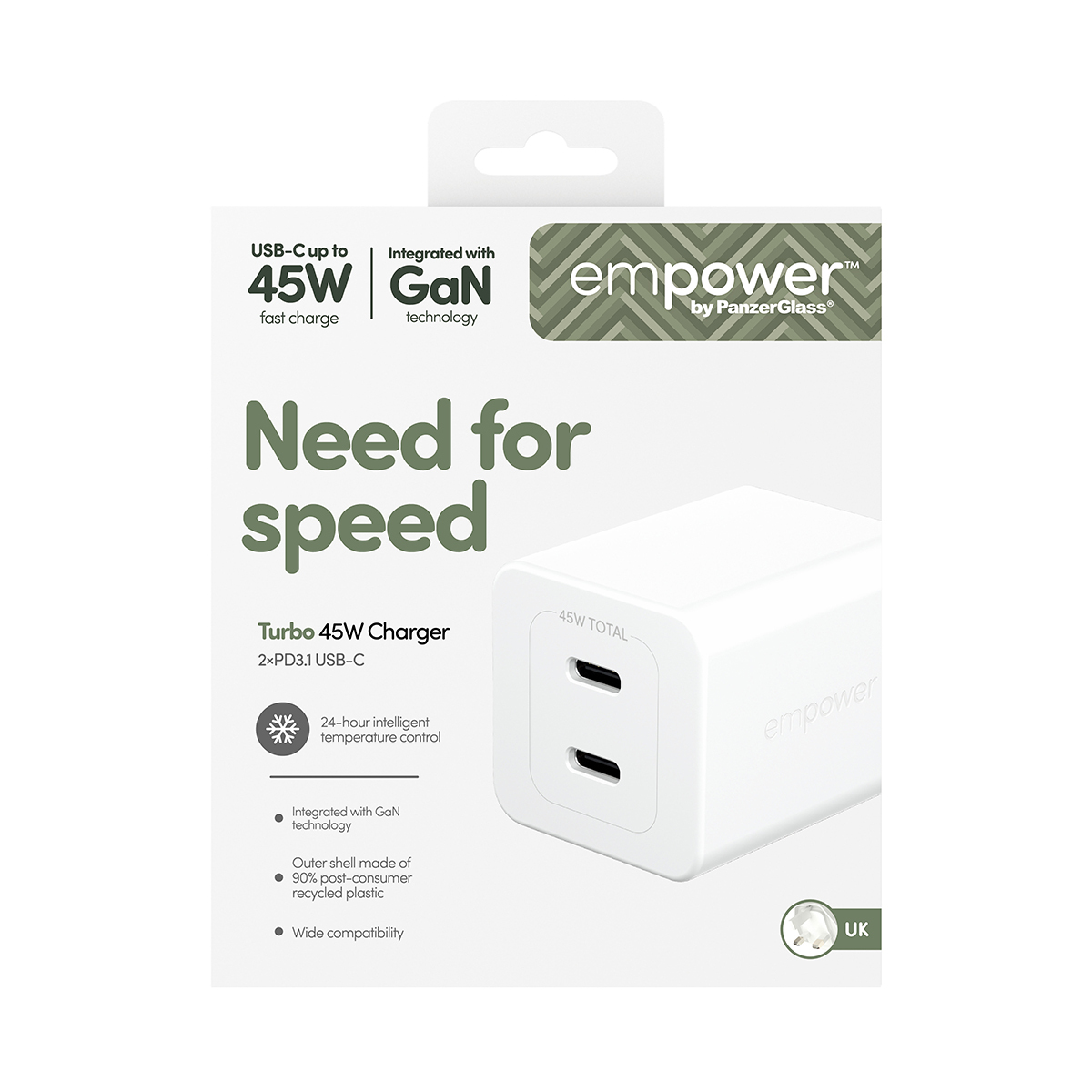 PanzerGlass empower™ by ® Turbo 45W Ladegarät inkl. 2 x USB-C | UK Anschluss | Silber Weiss, Weiß
