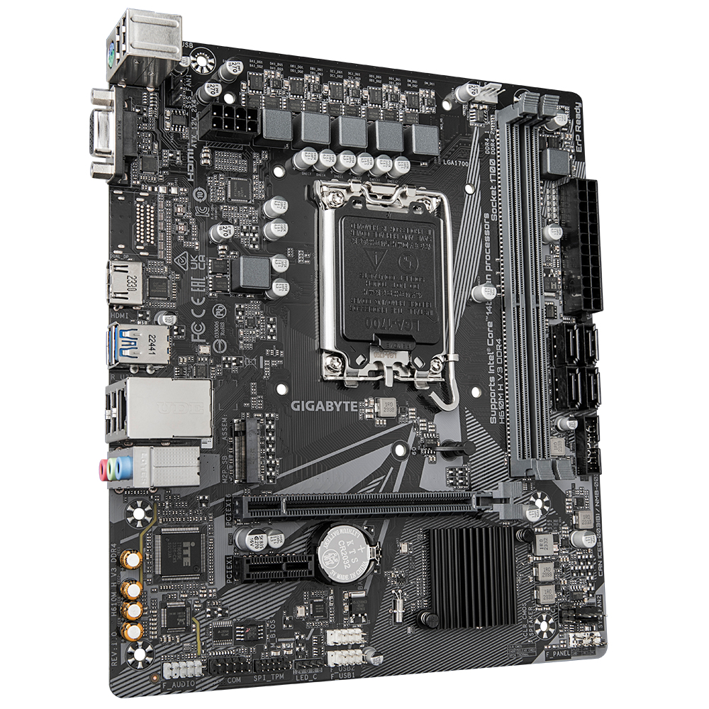 Gigabyte H610M H V3 DDR4 Mainboard - Unterstützt Intel Core Prozessoren 14th CPUs, 4+1+1 Hybrid Phases Digital VRM, up to 3200MHz DDR4, 1xPCIe 3.0 M.2, GbE LAN, USB 3.2 Gen 1, Intel, LGA 1700, Intel® Celeron®, Intel® Core™ i3, Intel® Core™ i5, I