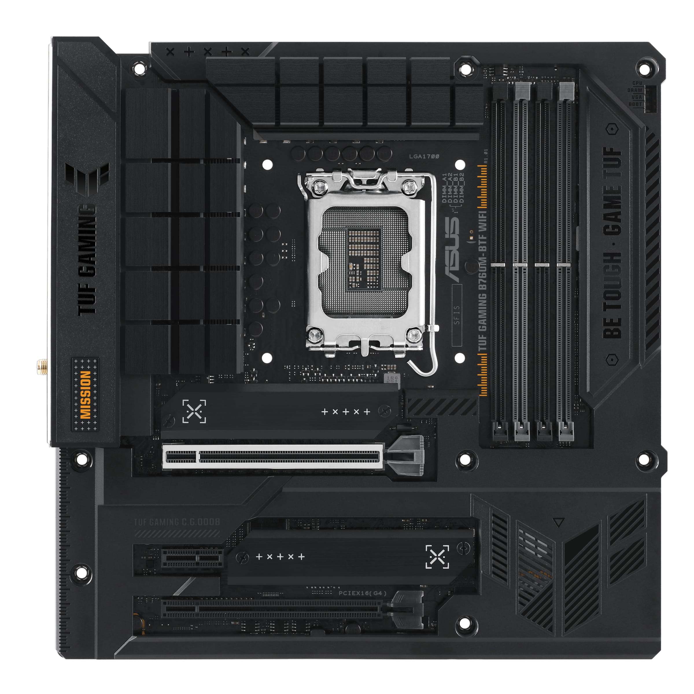 ASUS TUF GAMING B760M-BTF WIFI - Motherboard - micro ATX - LGA1700-Sockel - B760 Chipsatz - USB 3.2 Gen 1, USB 3.2 Gen 2, USB-C 3.2 Gen 2x2, USB-C 3.2 Gen 1 - 2.5 Gigabit LAN, Wi-Fi 6, Bluetooth - Onboard-Grafik (CPU erforderlich)