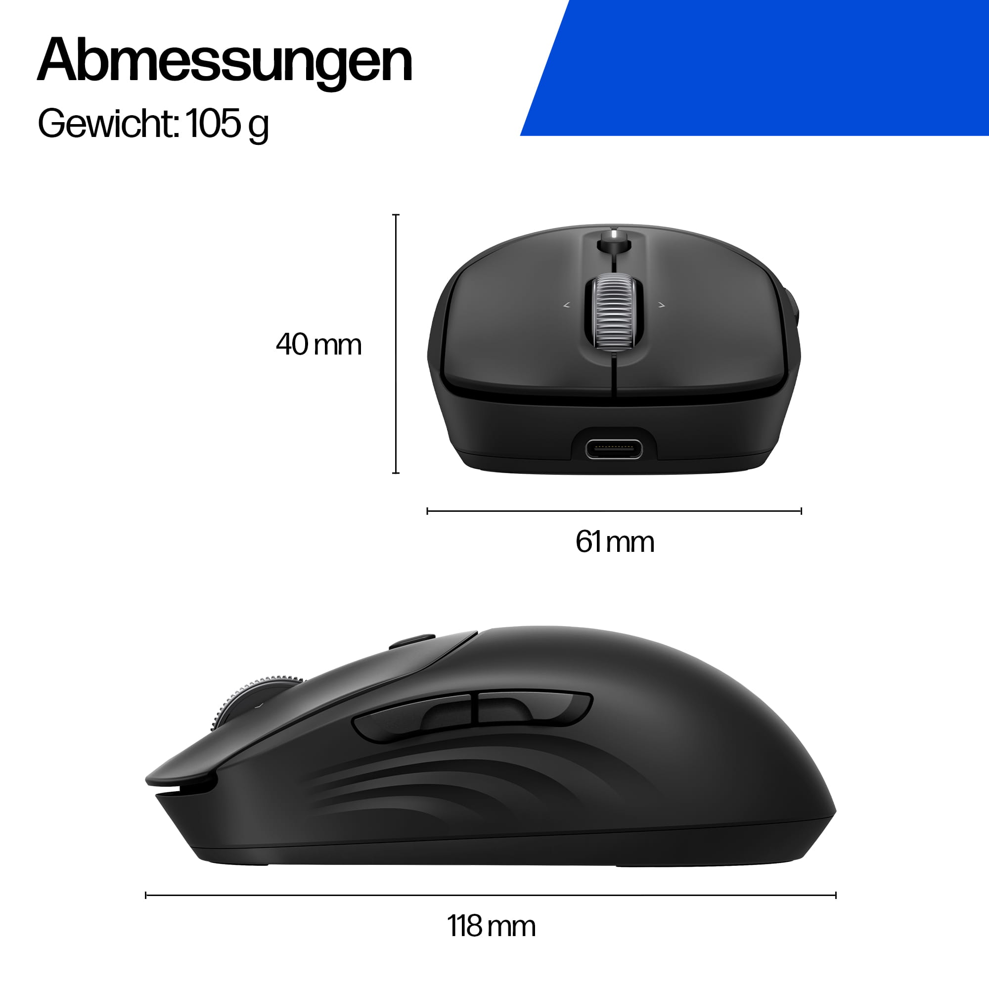 HP 705 Wiederaufladbare Wireless-Maus, Beidhändig, Bluetooth + USB Type-A, 6000 DPI, Schwarz