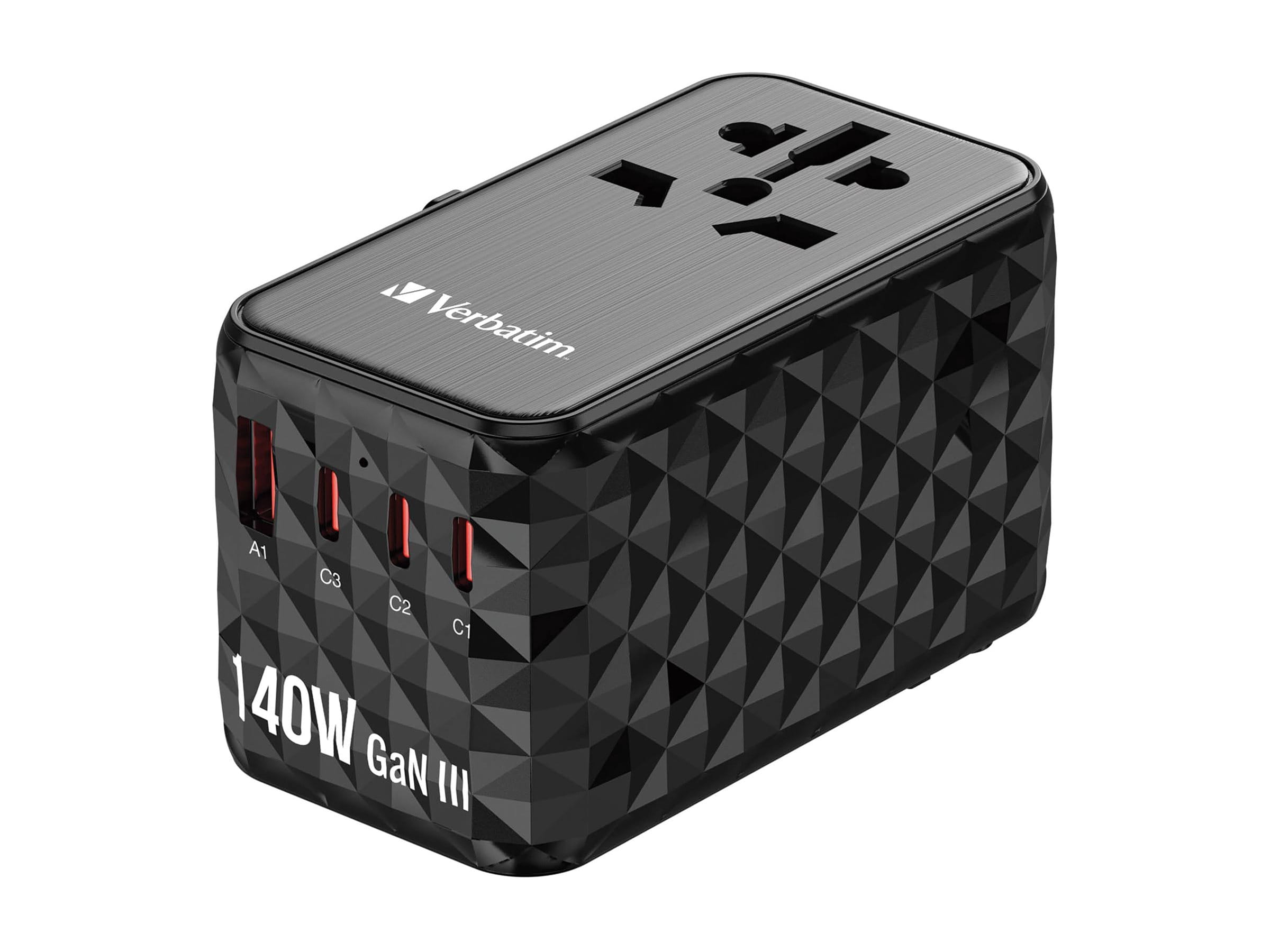 Verbatim UTA-10 - Netzteil - GaN III, universell - 140 Watt - 10 A - Power Delivery 3.1, PD/PPS, QC 3.0, QC 4.0+, Apple Fast Charge, USB BC 1.2, Fast Charge, PD 3.0, Super Charge - 4 Ausgabeanschlussstellen (3 x USB-C, USB)