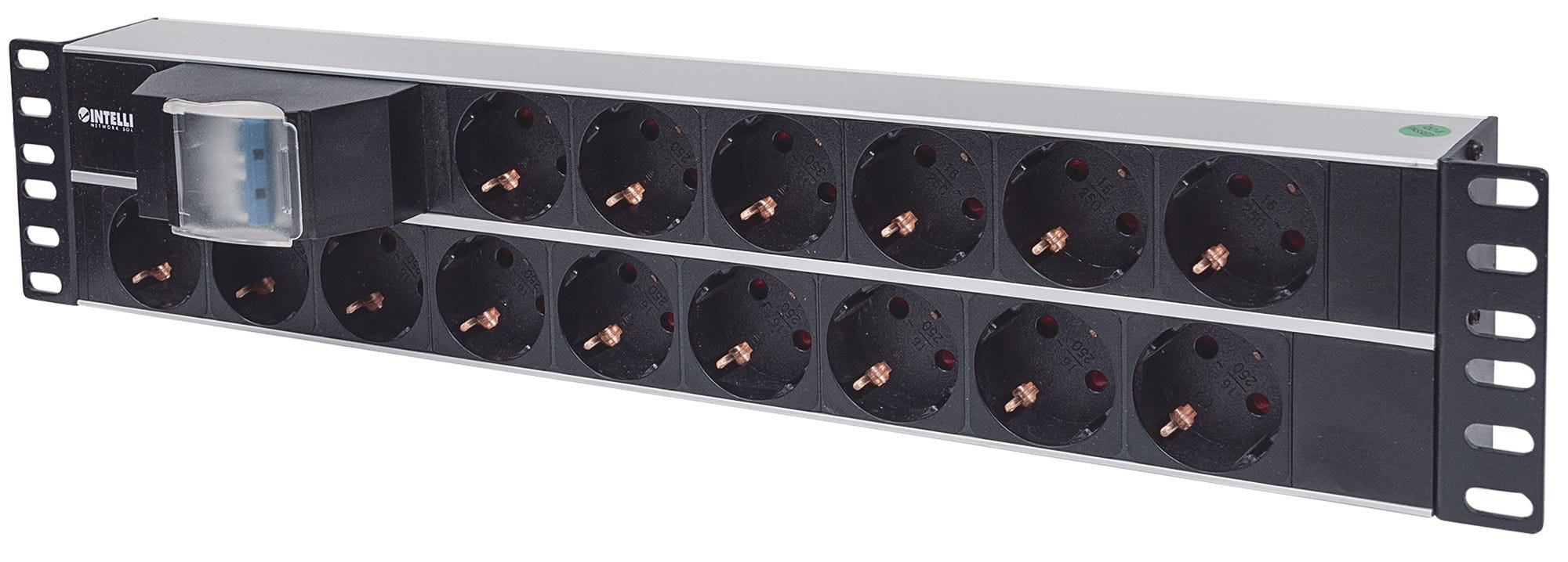 Intellinet 19" 2U Rackmount 15-Way Power Strip - German Type", With Double Air Switch, 3m Power Cord - Steckdosenleiste (Rack - einbaufähig)