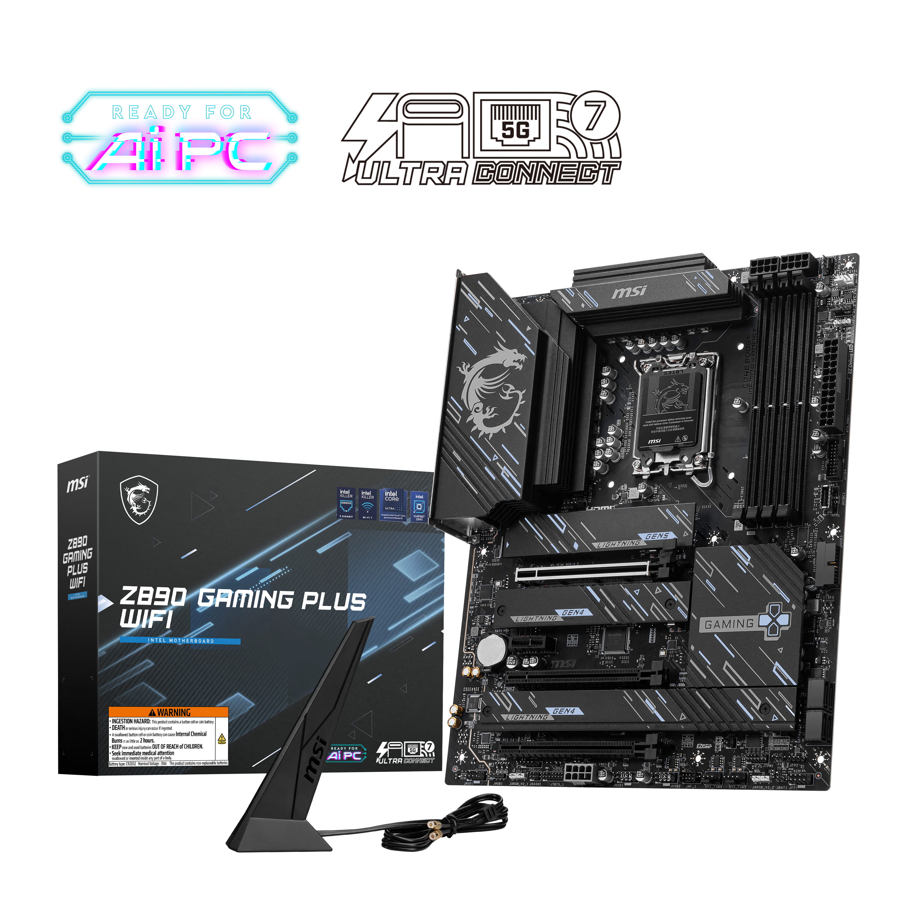 MSI Z890 GAMING PLUS WIFI - Motherboard - ATX - LGA1851-Sockel - Z890 Chipsatz - USB-C 3.2 Gen 2x2, USB-C 3.2 Gen2, USB 3.2 Gen 1, USB 3.2 Gen 2 - 5 Gigabit Ethernet, Wi-Fi 7, Bluetooth - Onboard-Grafik (CPU erforderlich)