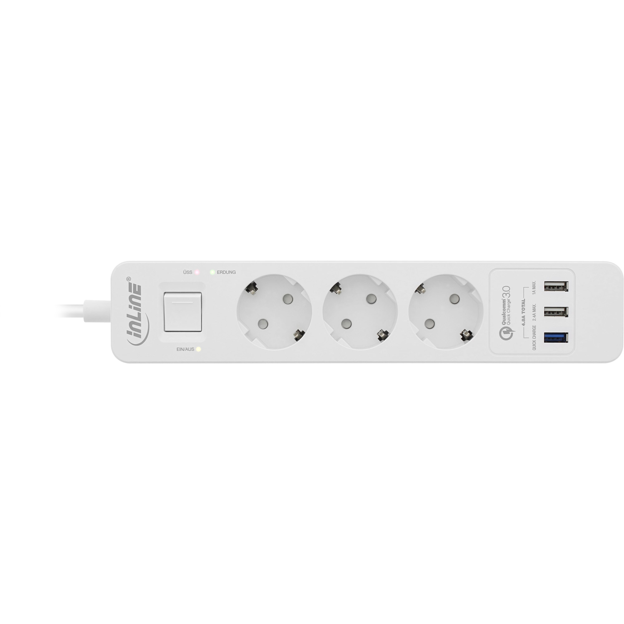 InLine Steckdosenleiste - 3-fach Schutzkontakt - ÜSS und QC3.0 - weiß InLine Steckdosenleiste - 3-fach Schutzkontakt - ÜSS und QC3.0 - weiß