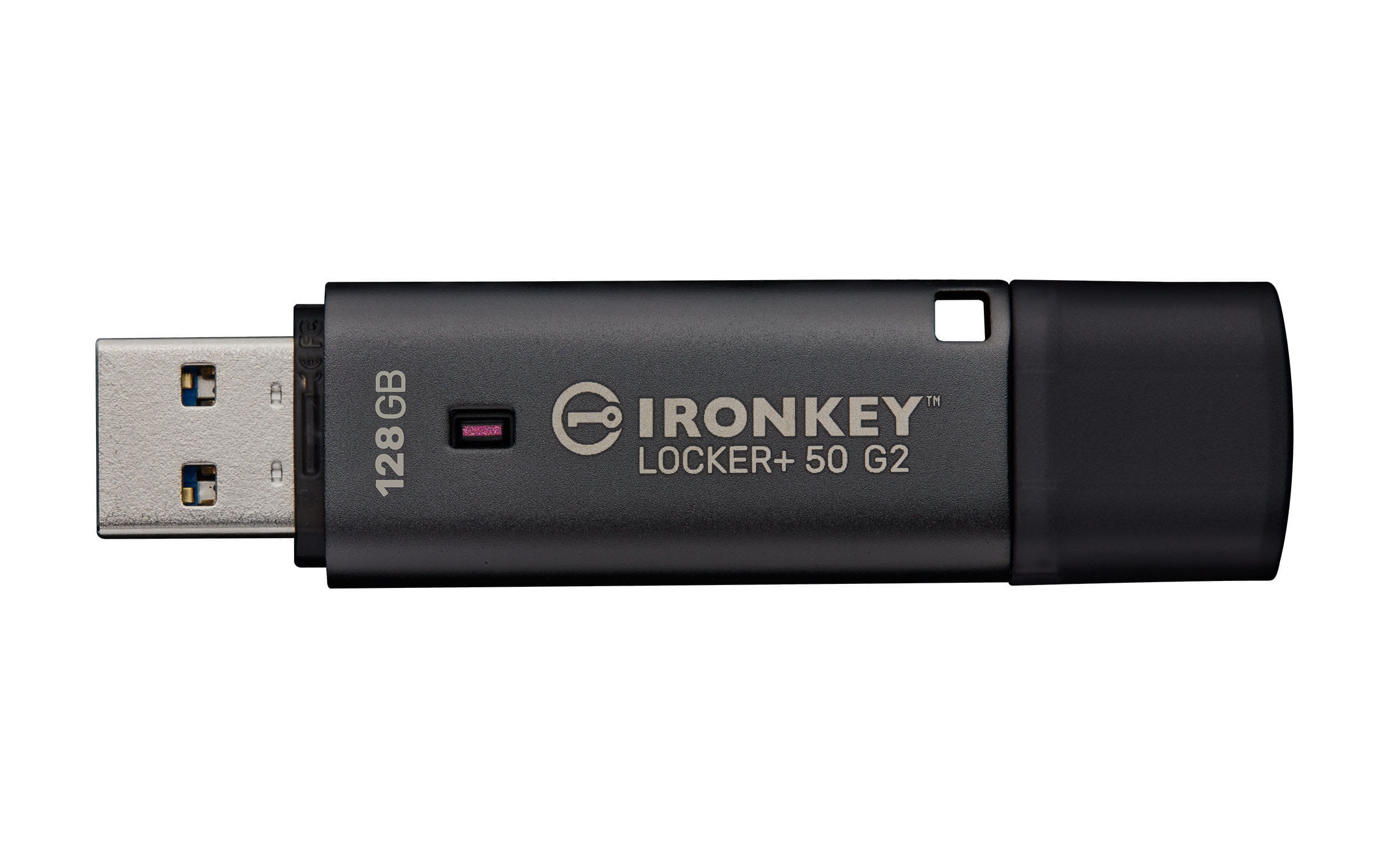 Kingston IronKey 128GB Locker Plus 50 G2, FIPS 197, AES-256, 128 GB, USB Typ-A, 3.2 Gen 1 (3.1 Gen 1), 145 MB/s, Kappe, Schwarz